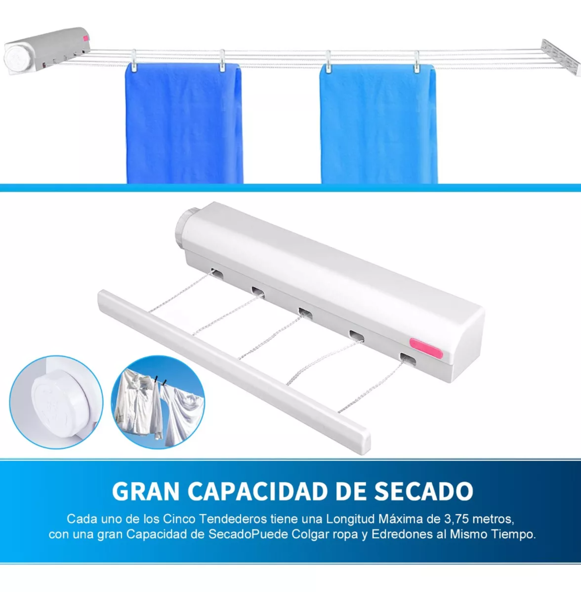 5líneas Tendedero Retráctil Plegable Pared Con Gancho