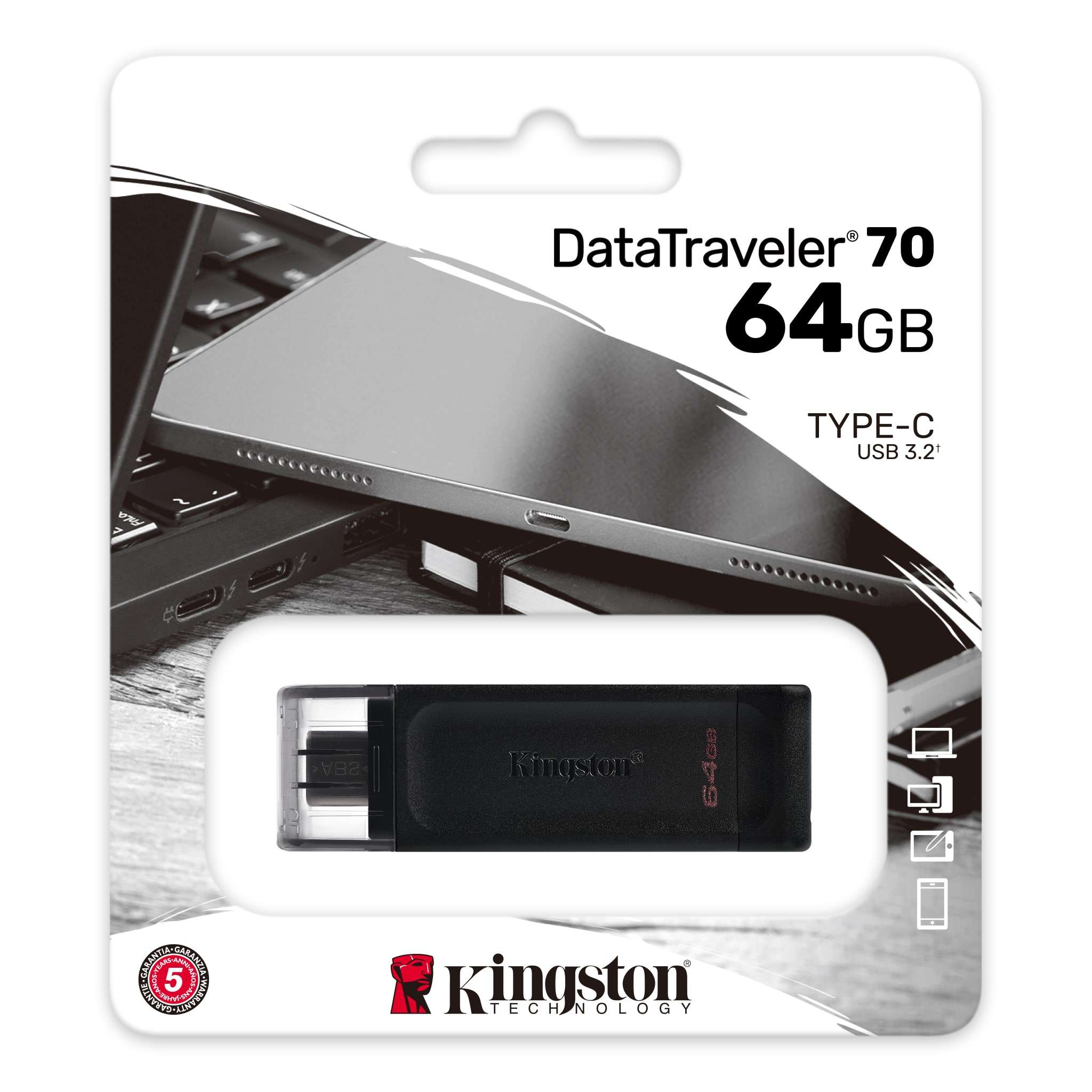 KINGSTON MEMORIA USB TIPO C 64GB NEGRA DT70-64GB