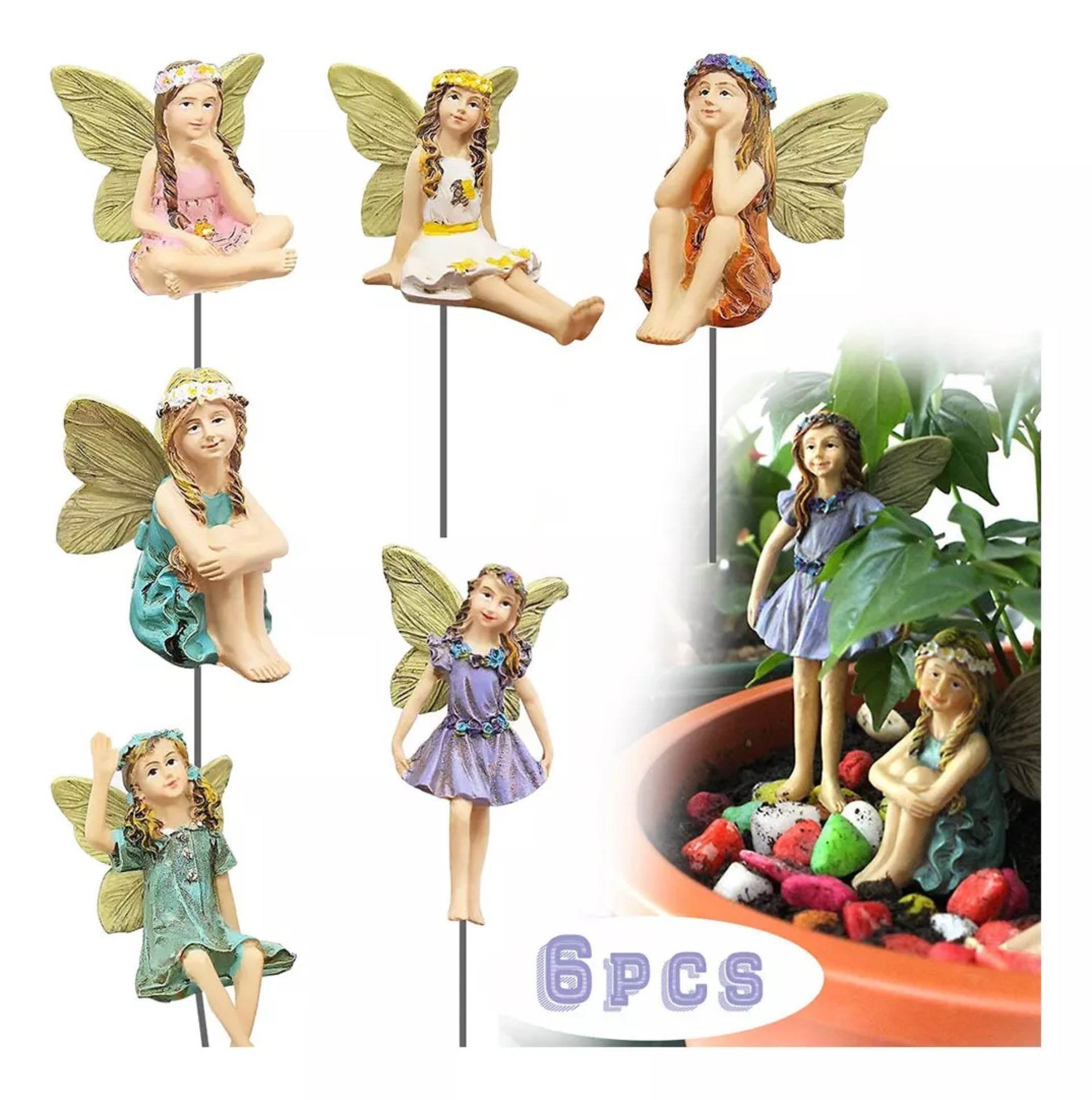 6pcs Flor Hada Ángel Estatua Decorativa Resina Arreglo Figur