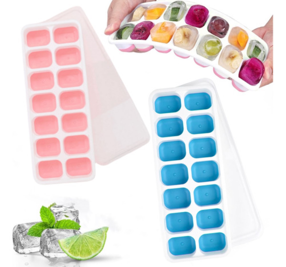 Molde Para Hielos De Hielo Con Tapa Cubitos Charolas 2 Juego ROSA Y AZUL