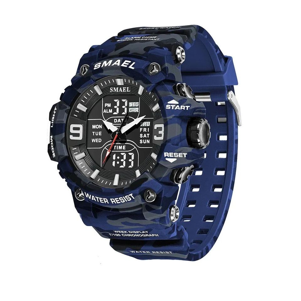 Reloj deportivo azul cronógrafo Digital camuflaje resistente agua pantalla Dual analógica led luz.