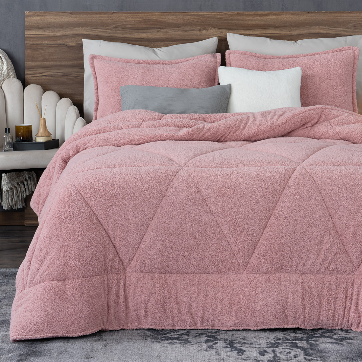 Cobertor Aborregado Edredón Afelpado Invernal Individual + Fundas – Rosa REAL TEXTIL
