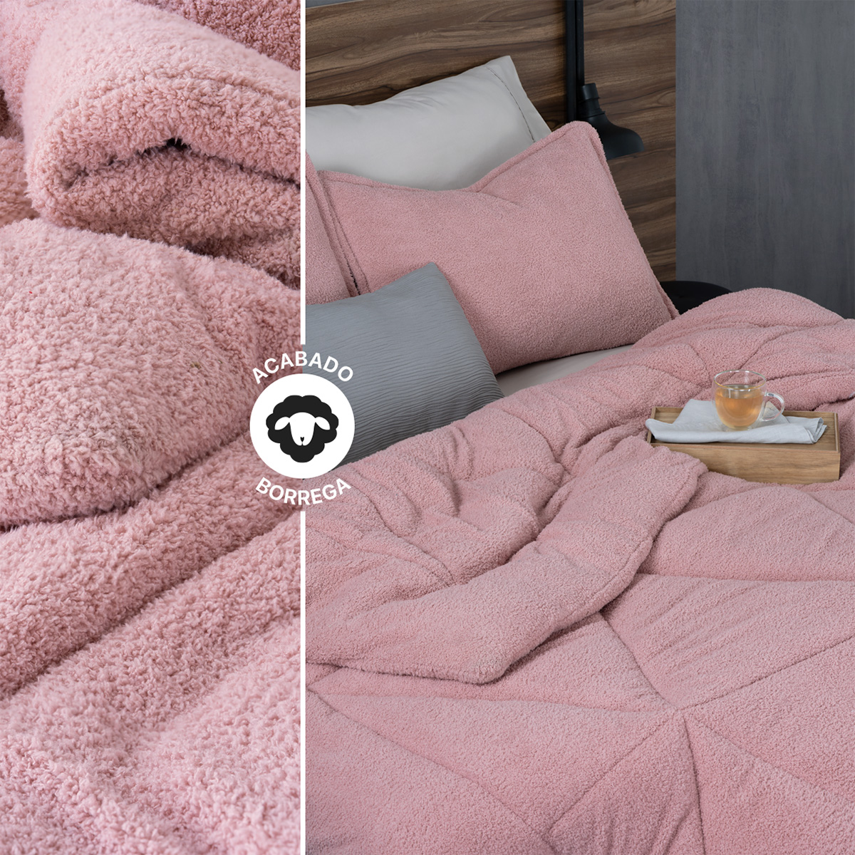 Cobertor Aborregado Edredón Afelpado Invernal Individual + Fundas – Rosa REAL TEXTIL