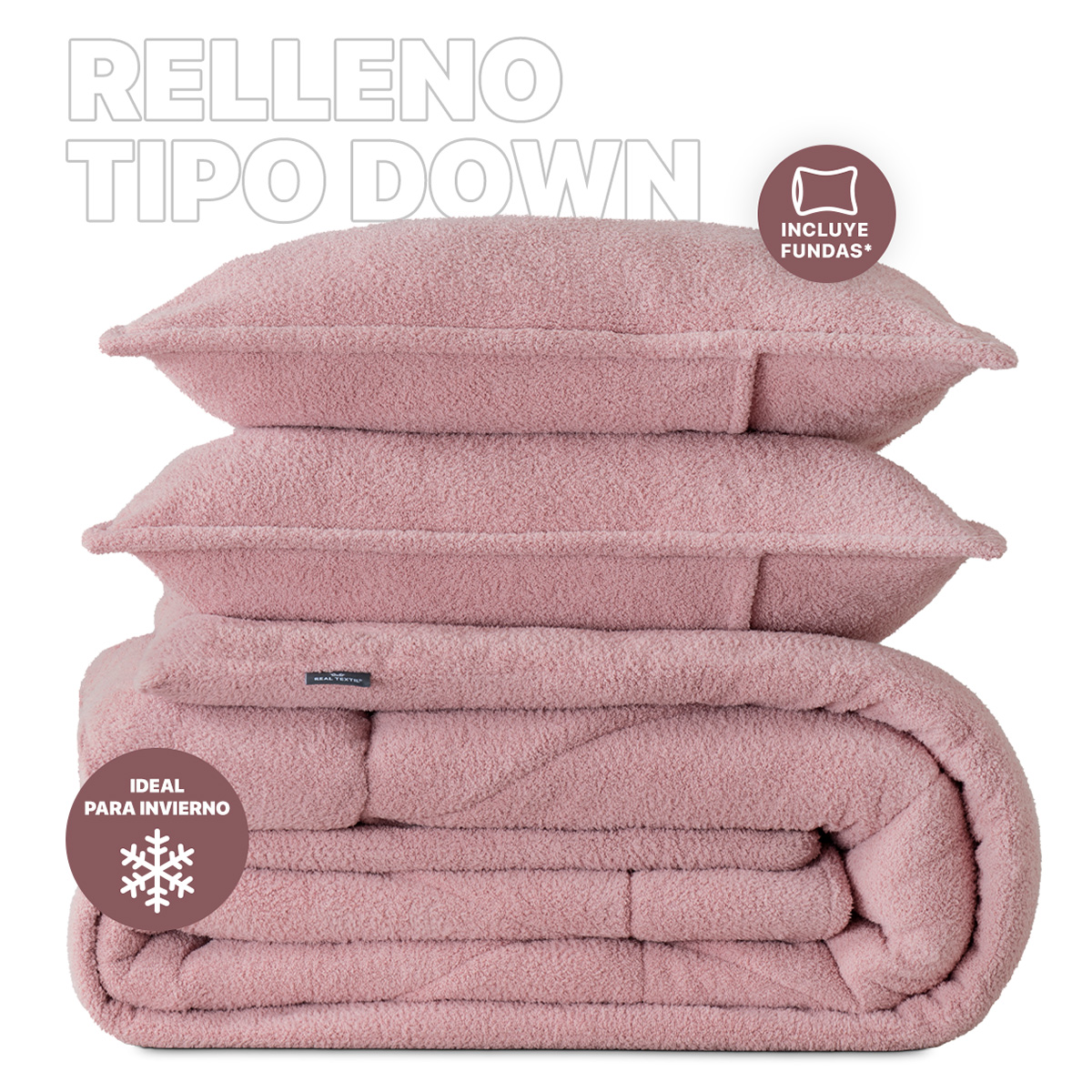 Cobertor Aborregado Edredón Afelpado Invernal Individual + Fundas – Rosa REAL TEXTIL