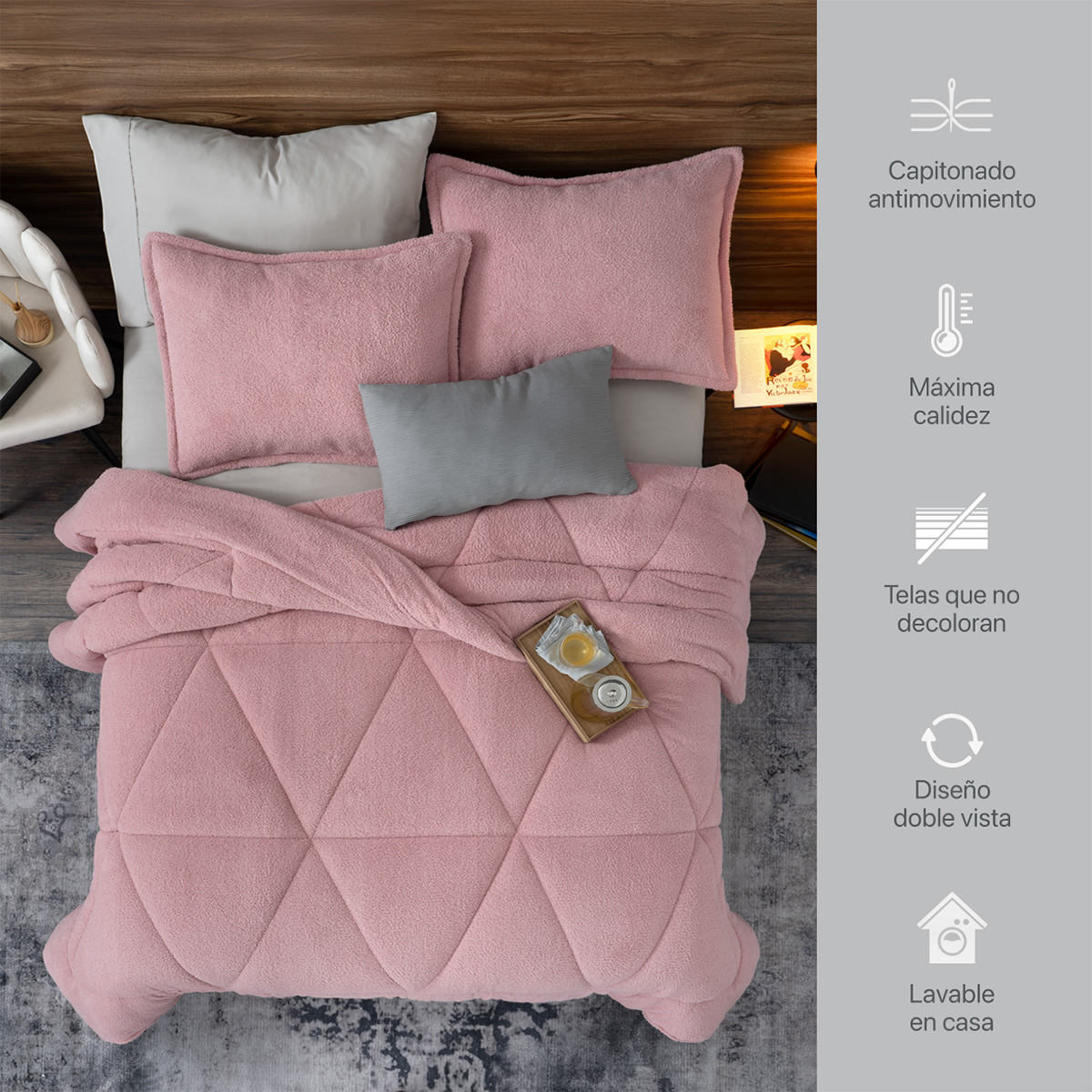 Cobertor Aborregado Edredón Afelpado Invernal Individual + Fundas – Rosa REAL TEXTIL