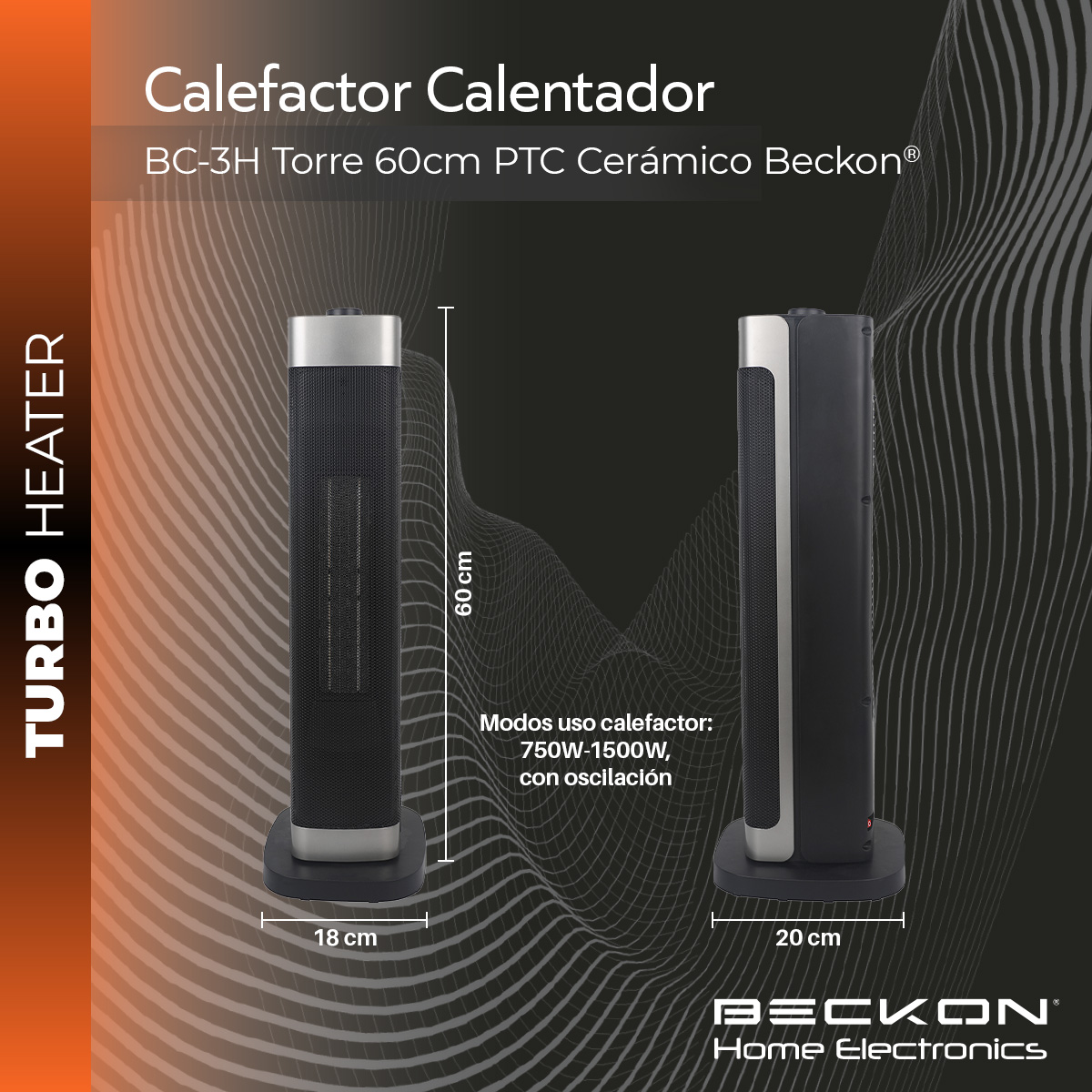 Calefactor Calentador eléctrico cerámico PTC de torre Beckon 60 cm de alto TURBO HEATER 750W / 1500W