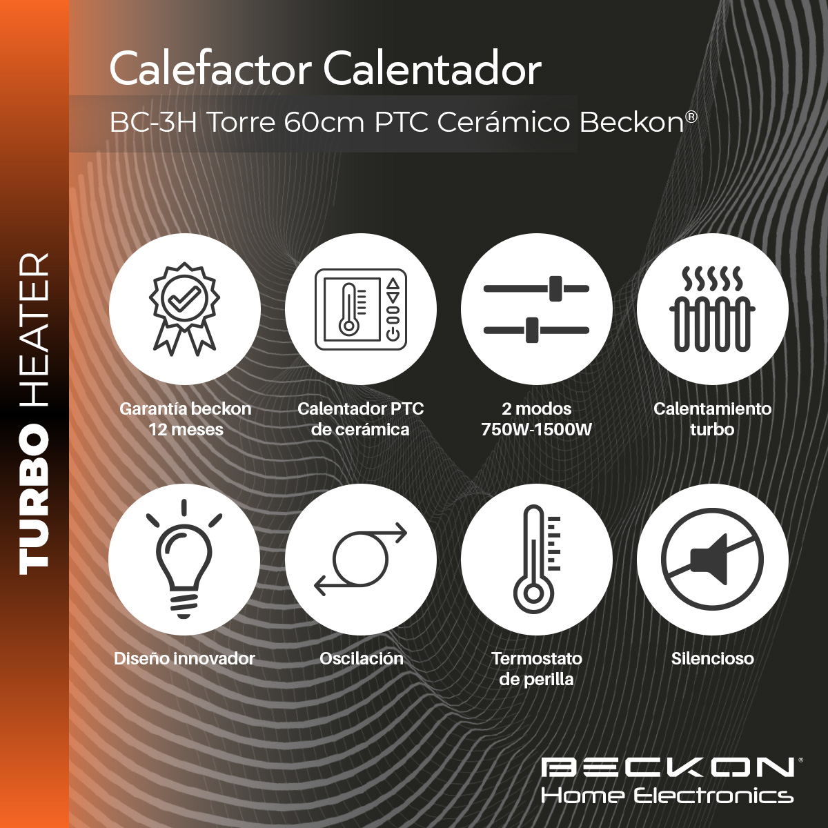 Calefactor Calentador eléctrico cerámico PTC de torre Beckon 60 cm de alto TURBO HEATER 750W / 1500W
