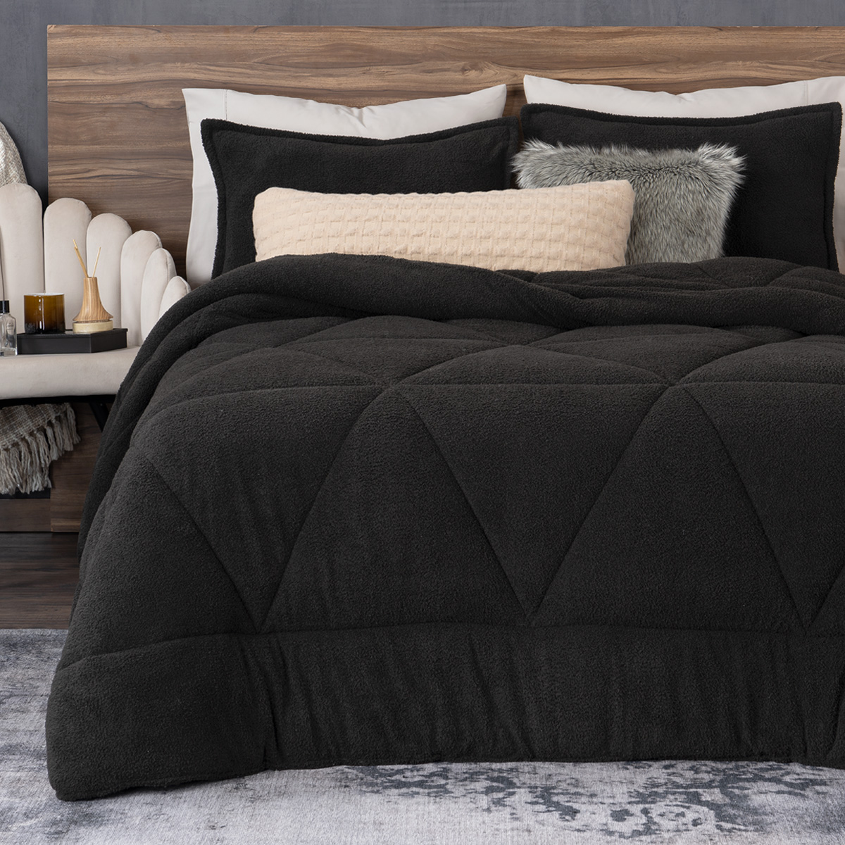 Cobertor Aborregado Edredón Afelpado Invernal Matrimonial + Fundas – Negro REAL TEXTIL