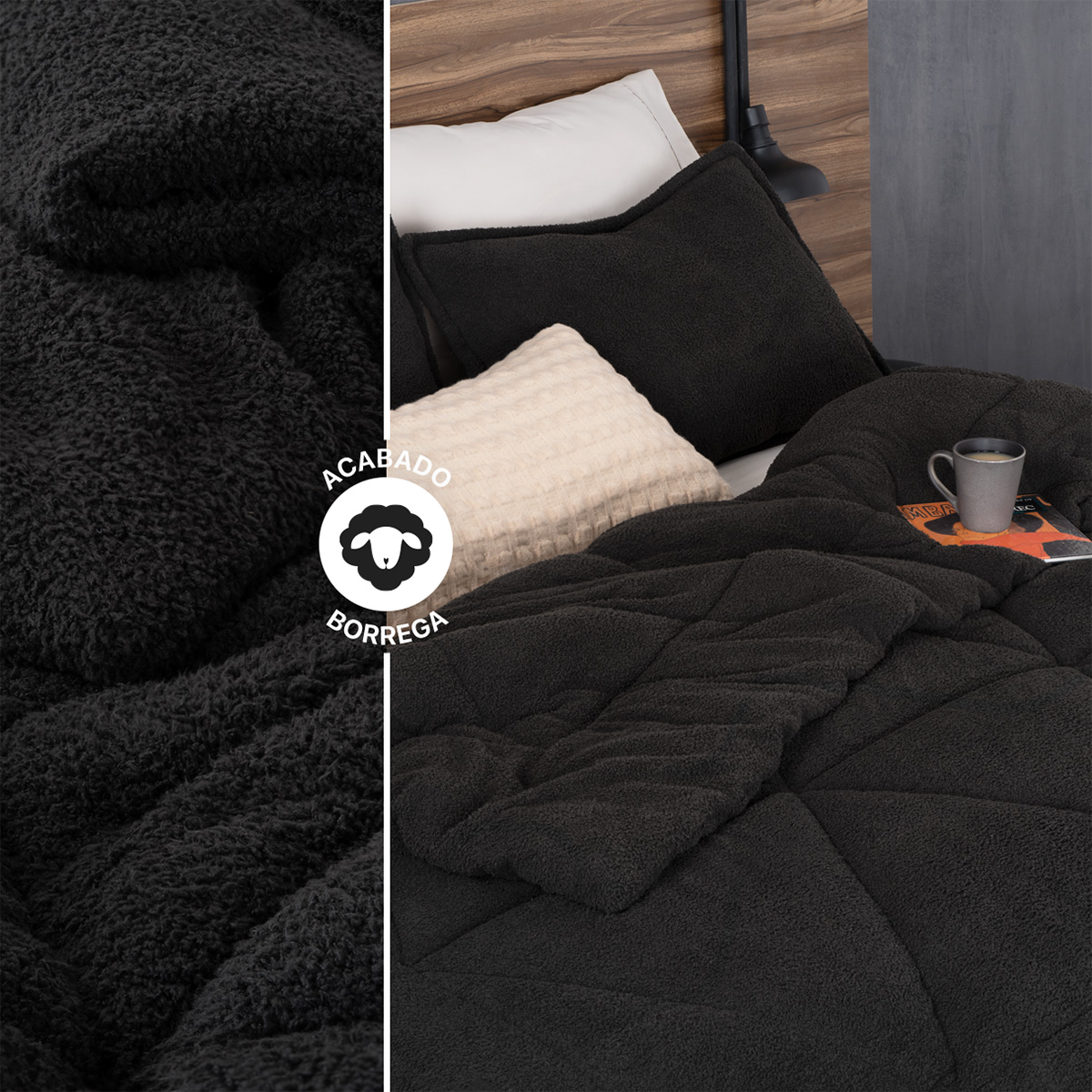 Cobertor Aborregado Edredón Afelpado Invernal Matrimonial + Fundas – Negro REAL TEXTIL