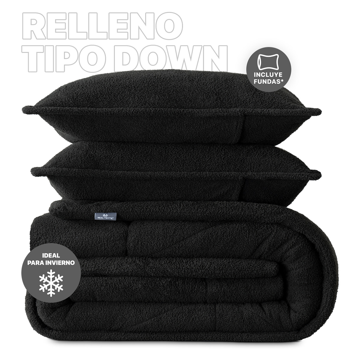 Cobertor Aborregado Edredón Afelpado Invernal Matrimonial + Fundas – Negro REAL TEXTIL