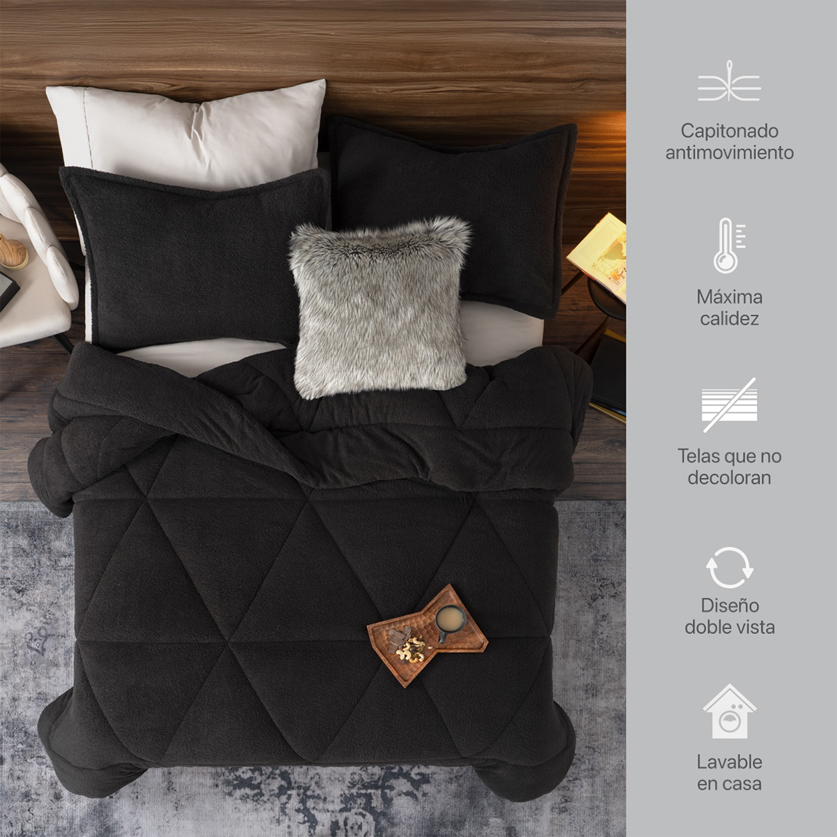 Cobertor Aborregado Edredón Afelpado Invernal Matrimonial + Fundas – Negro REAL TEXTIL