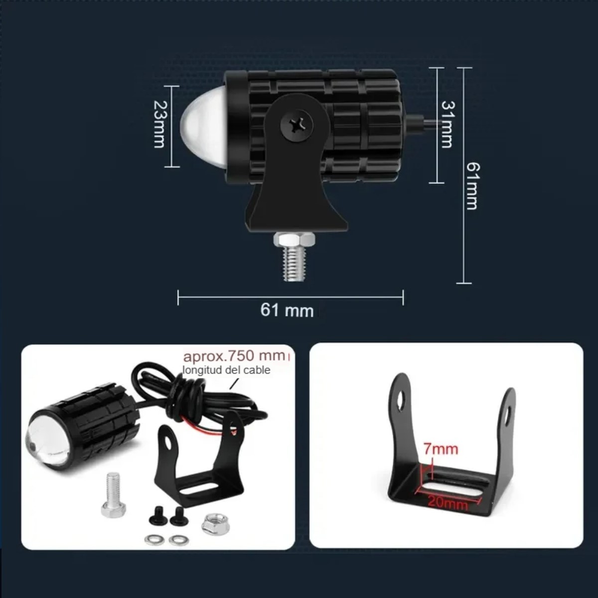 Faro auxiliar Mini luz motocicleta Color blanco lámpara foco antiniebla negro botón auto led metal.