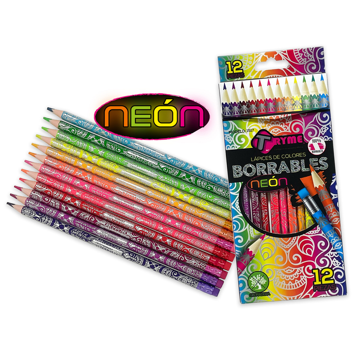 12 Piezas Lapices Triangulares De Colores Borrables Neon