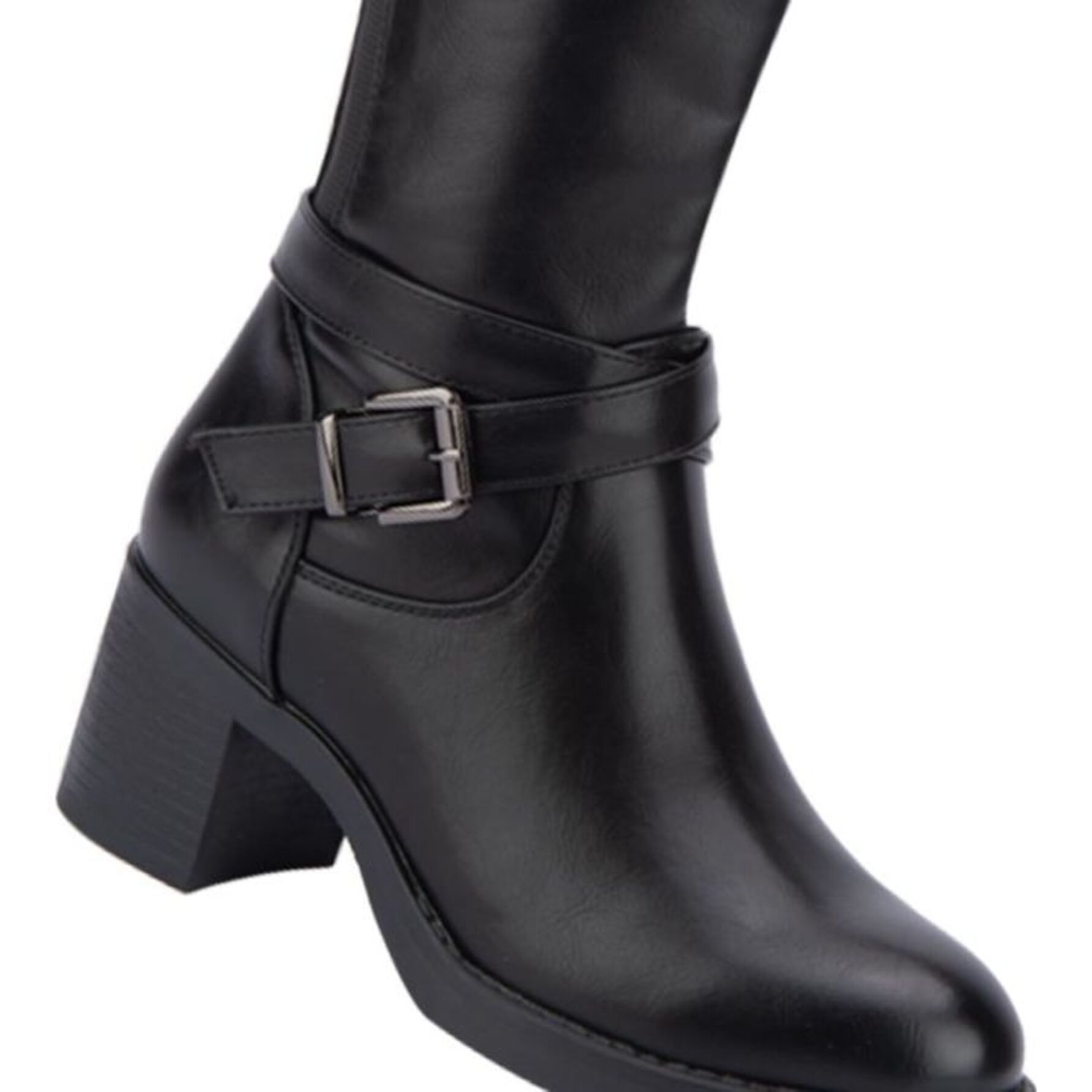 Bota para mujer, alta, con hebilla metálica, acabado napa, tacón medio, marca Tierra Bendita 1144372