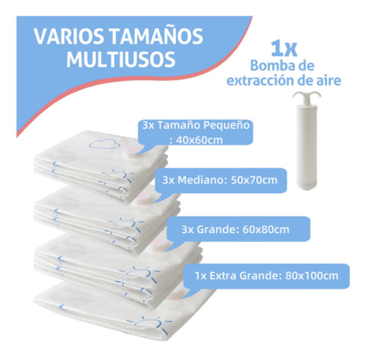 Bolsas De Almacenamiento Al Vacio Para Ropa Con Bomba 11 Pzs BLANCO NUVES AZULES