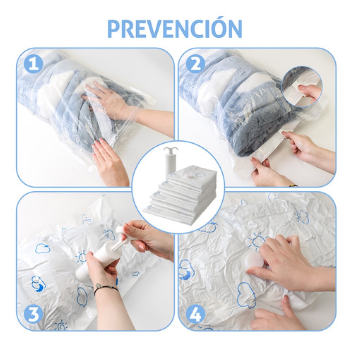 Bolsas De Almacenamiento Al Vacio Para Ropa Con Bomba 11 Pzs BLANCO NUVES AZULES