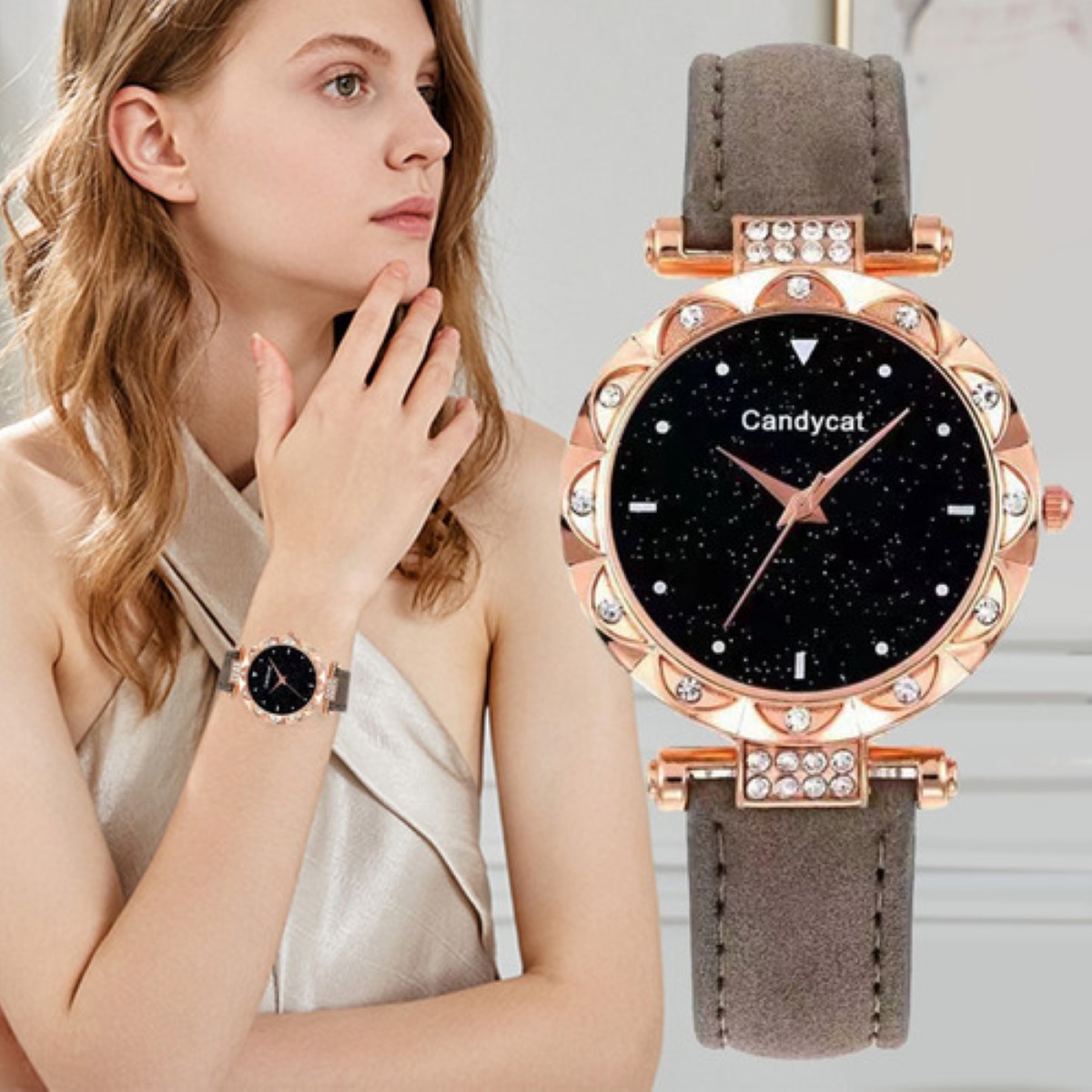 Relo j De Pulsera De Cuarzo Para Mujer Con Pulseraestrellado reloj gris pulcera oro rosa