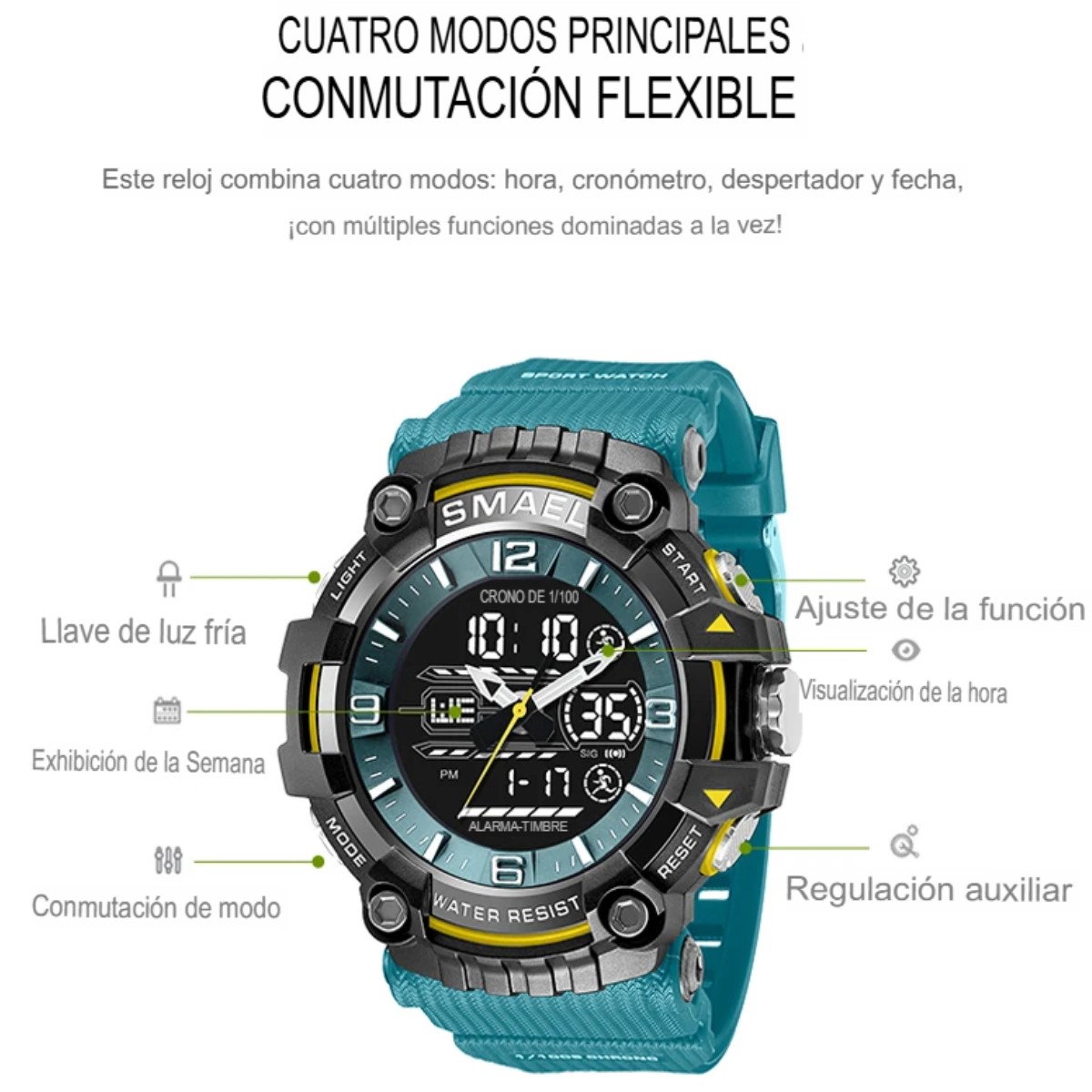 Reloj deportivo azul pulsera cuarzo resistente agua pantalla doble Digital LED militar alarma tacti