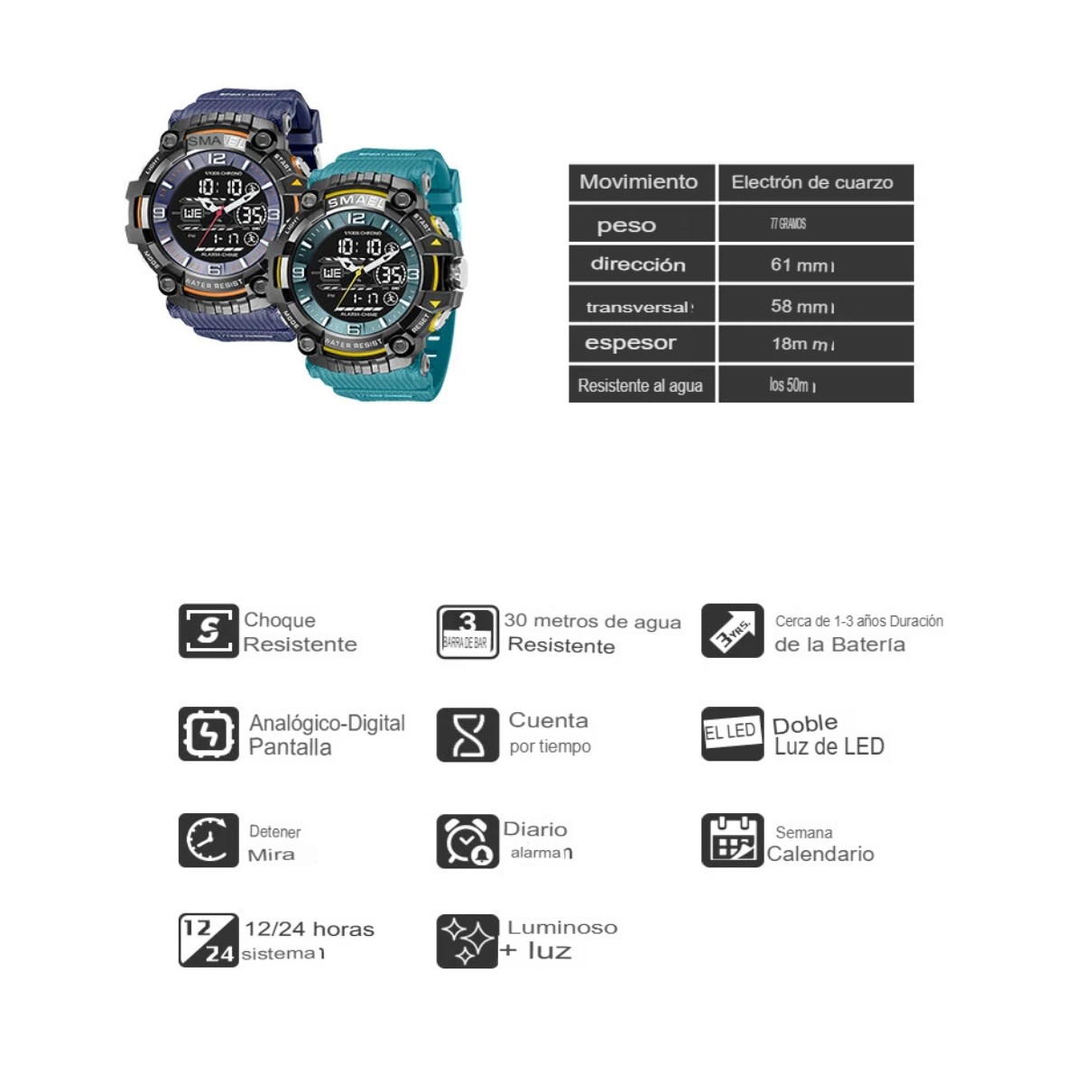 Reloj deportivo azul pulsera cuarzo resistente agua pantalla doble Digital LED militar alarma tacti