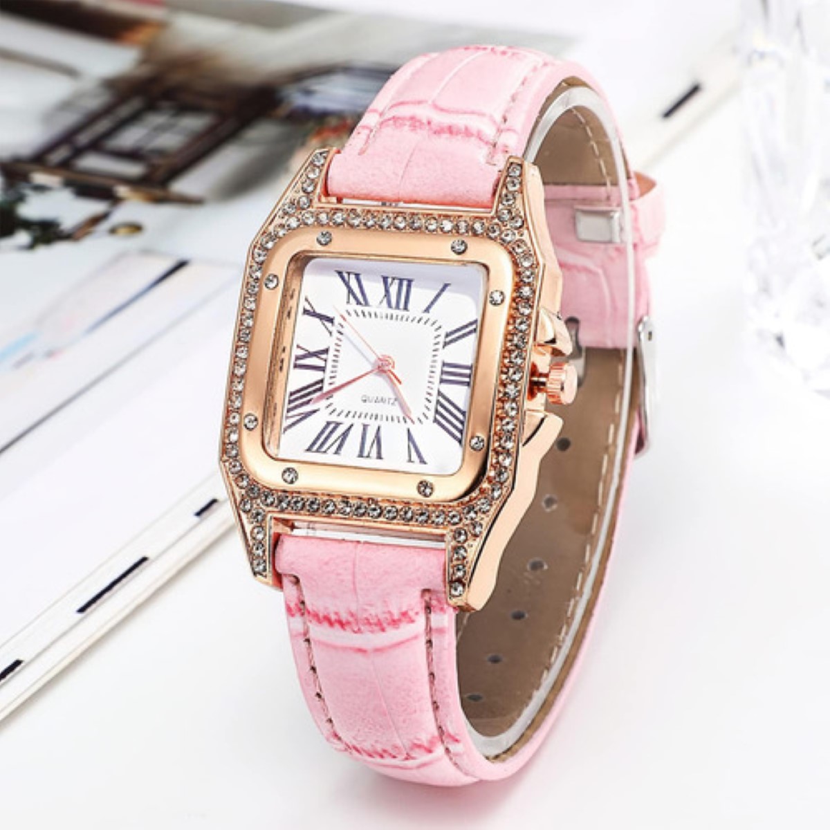 Reloj Cuadrado De Cuarzo Para Mujer Con Pulsera De Estrellas rosa
