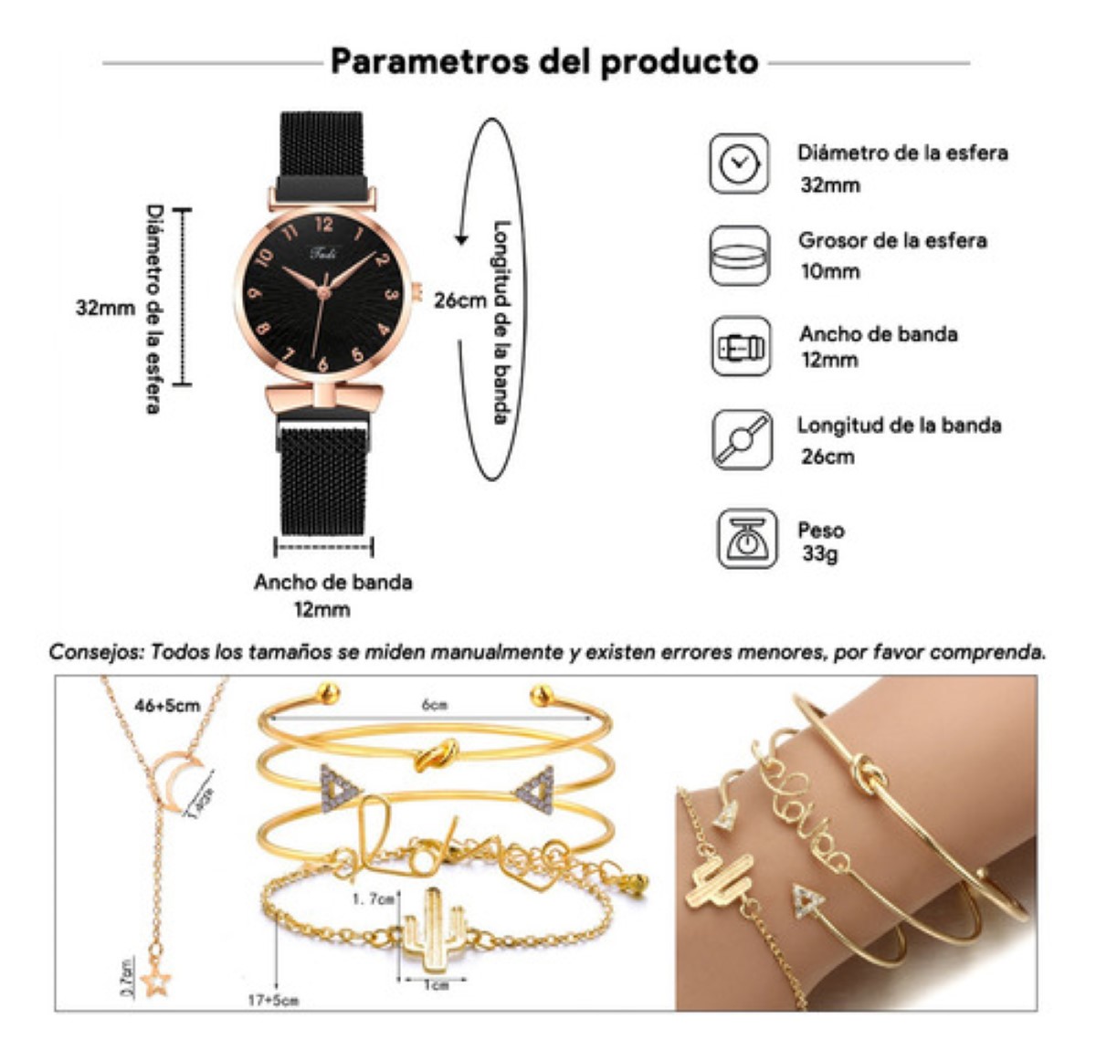 Reloj De Cuarzo negro Para Mujer Con Juego De Collar Y Pulseras dorado