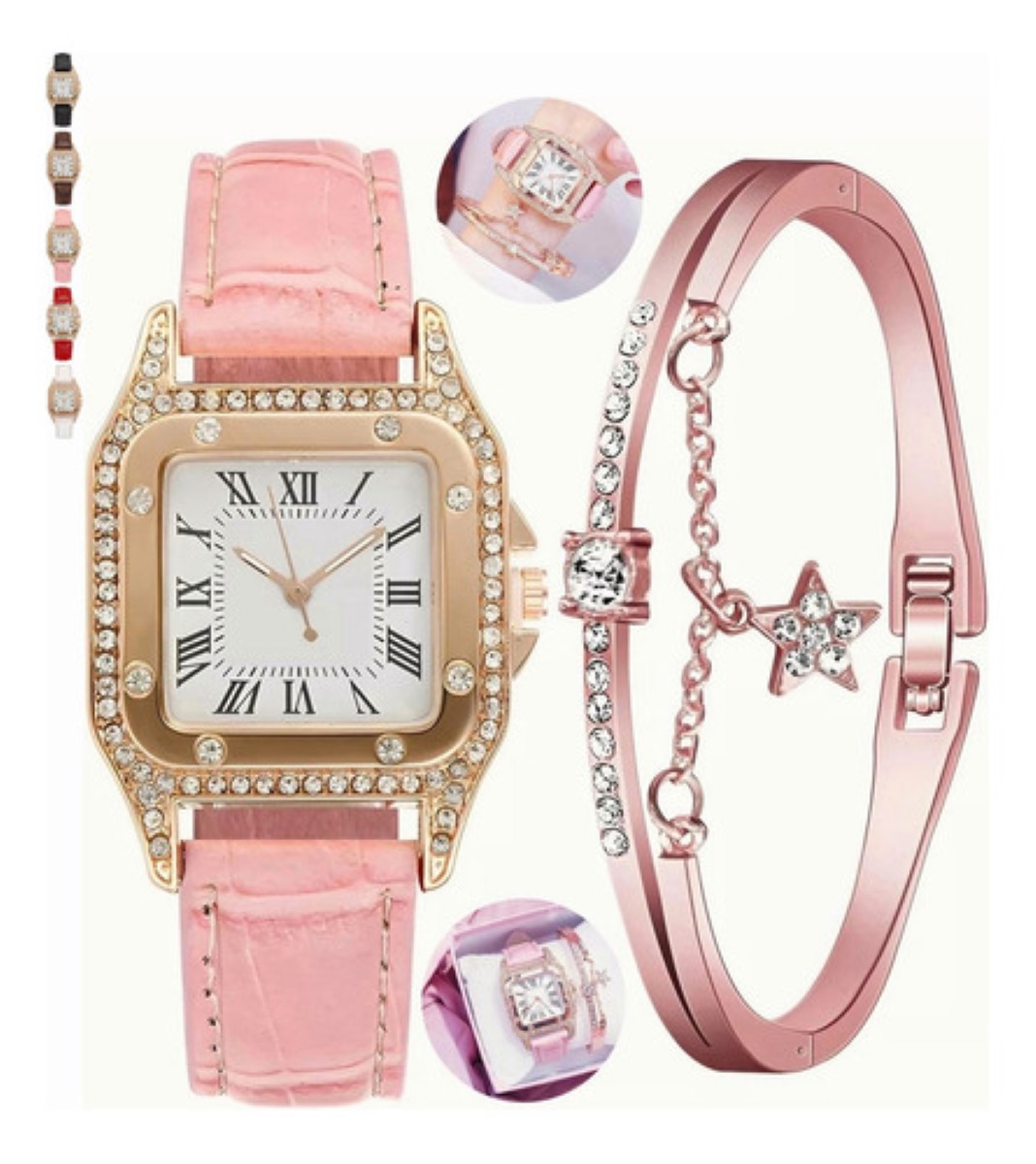 Reloj Cuadrado De Cuarzo Para Mujer Con Pulsera De Estrellas rosa