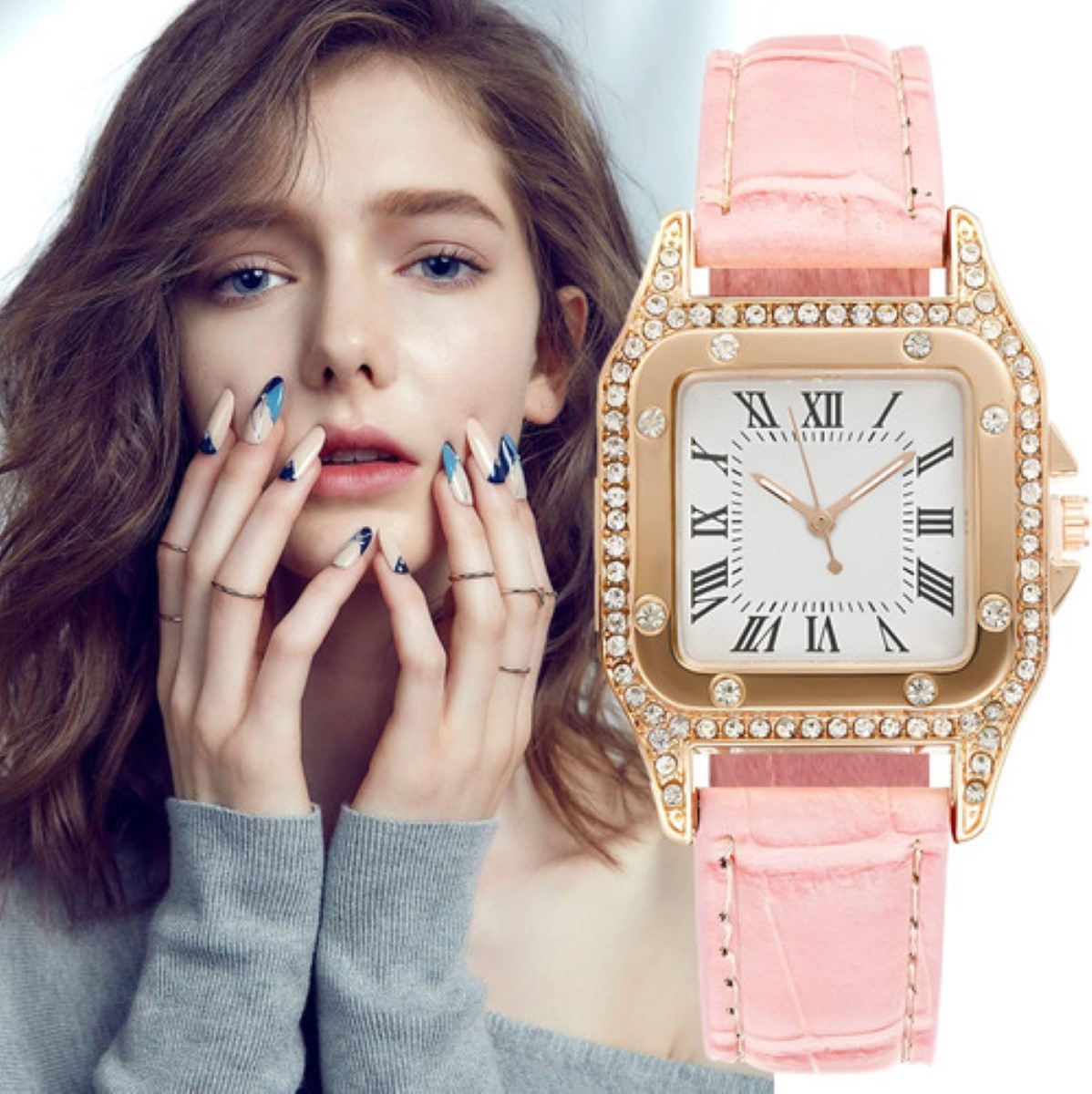 Reloj Cuadrado De Cuarzo Para Mujer Con Pulsera De Estrellas rosa