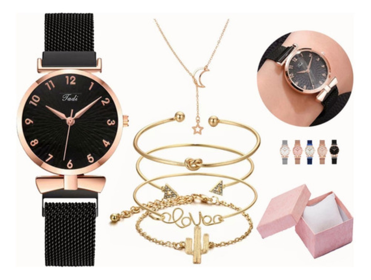 Reloj De Cuarzo negro Para Mujer Con Juego De Collar Y Pulseras dorado