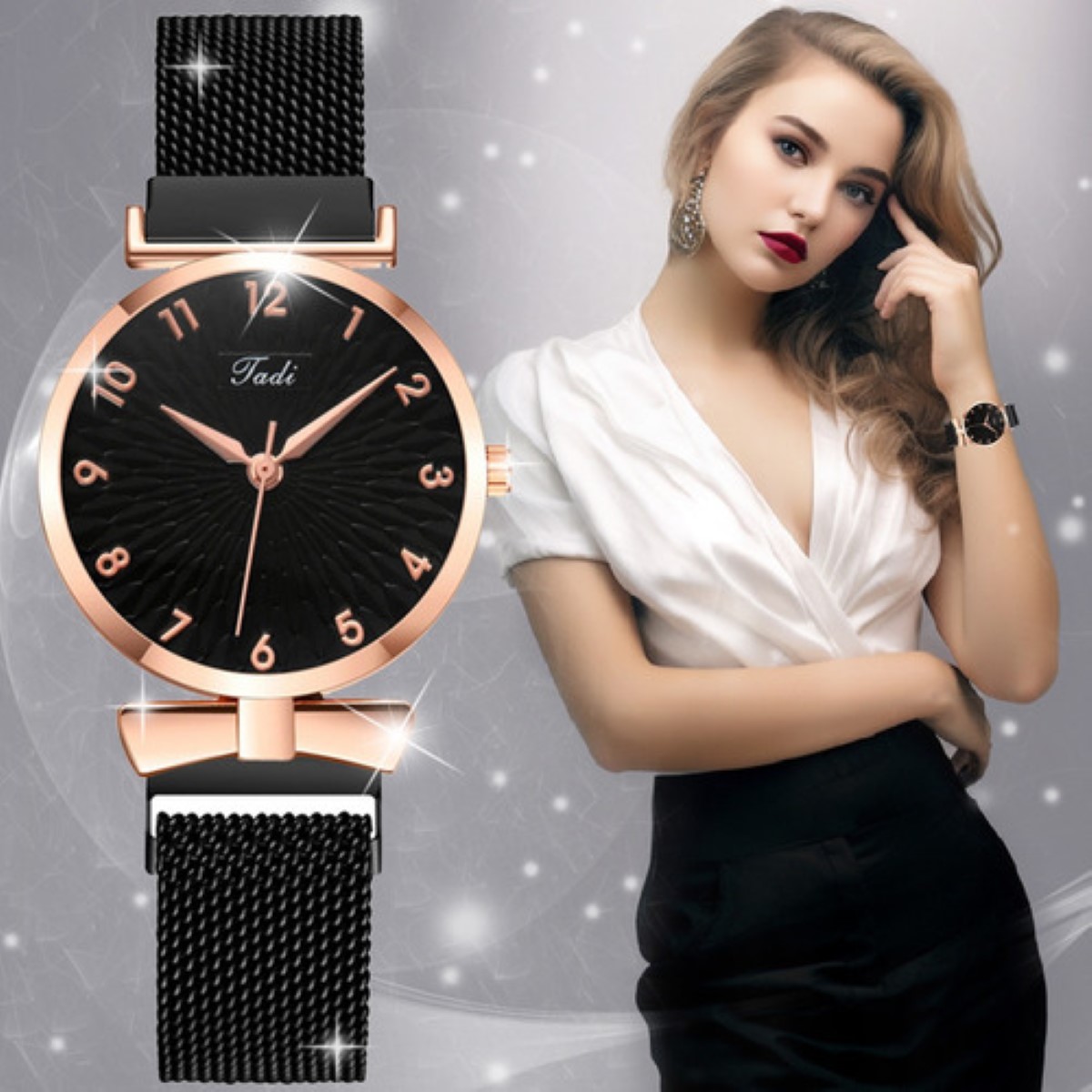 Reloj De Cuarzo negro Para Mujer Con Juego De Collar Y Pulseras dorado
