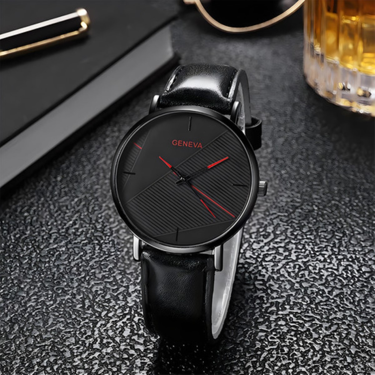 Reloj Hombre Dama Moda Casual Pulsera NEGRO DETALLES ROJO