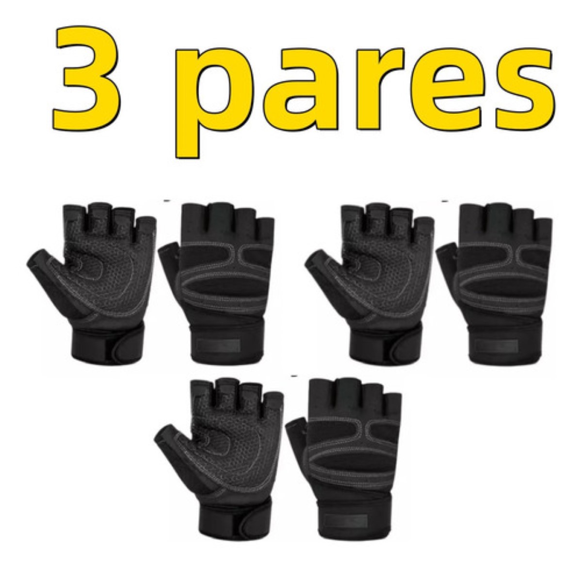 3 Pares Guantes Para Levantamiento De Pesas, Ciclismo negro