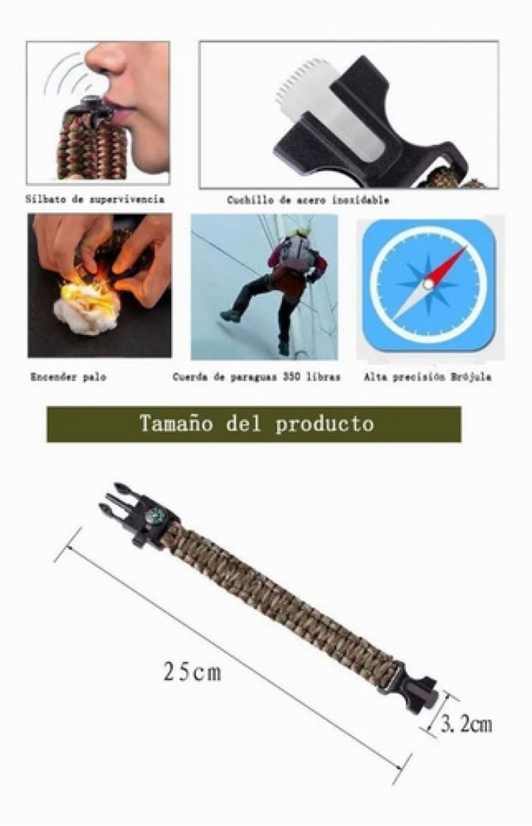 Pulsera Tactica Supervivencia Pedernal Paracord verde militar