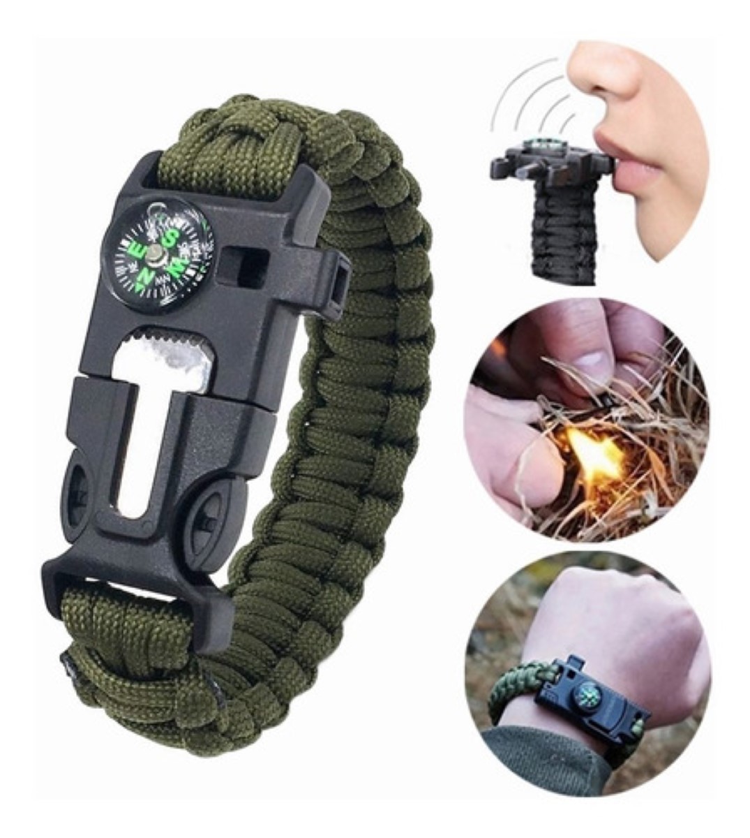 Pulsera Tactica Supervivencia Pedernal Paracord verde militar