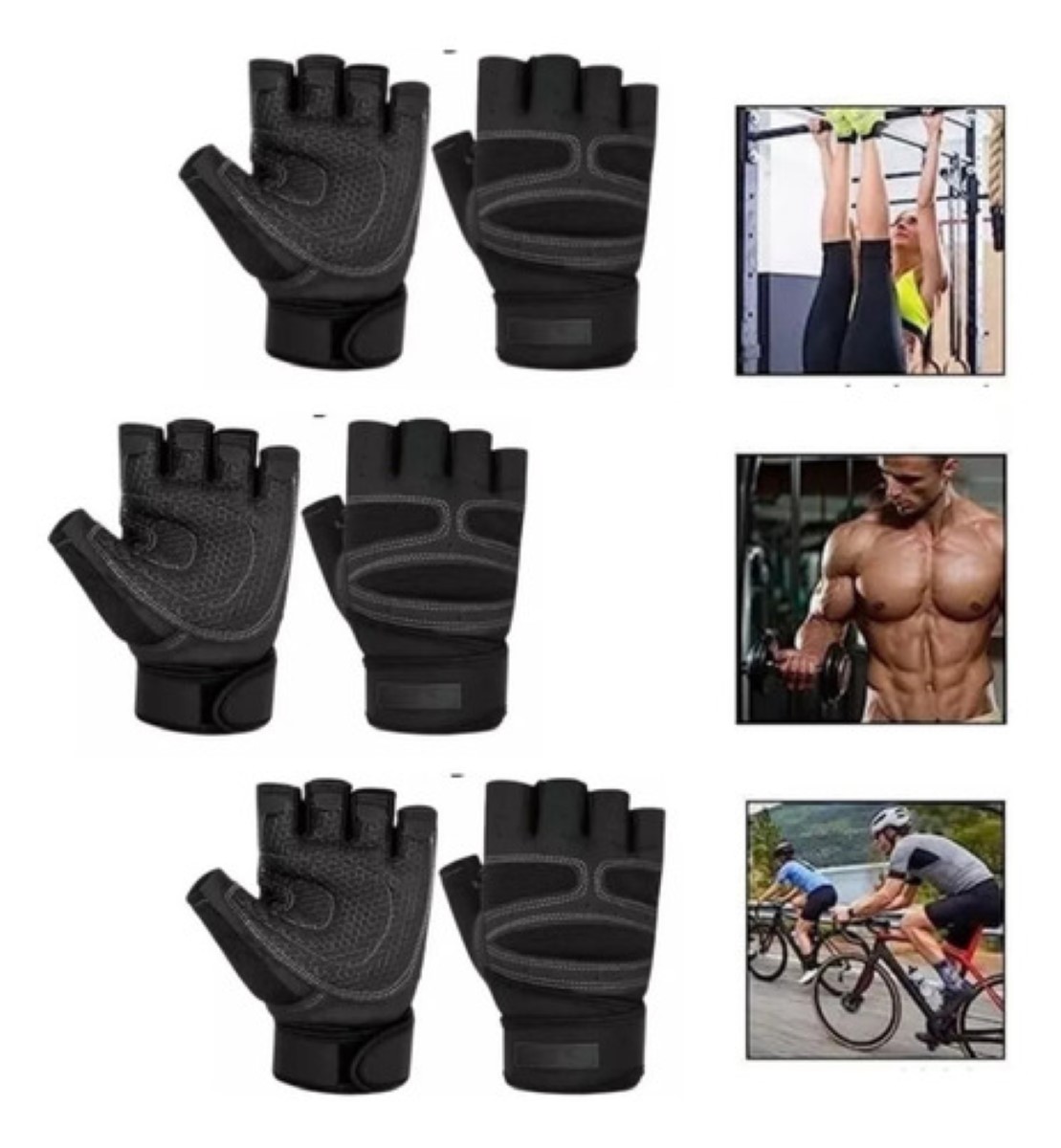 3 Pares Guantes Para Levantamiento De Pesas, Ciclismo negro