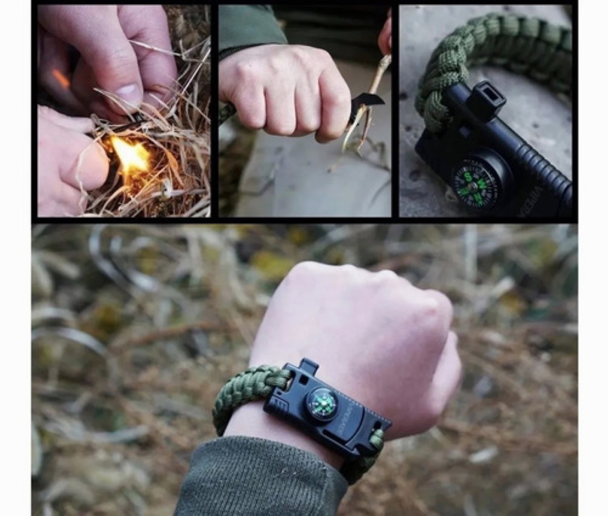 Pulsera Tactica Supervivencia Pedernal Paracord verde militar