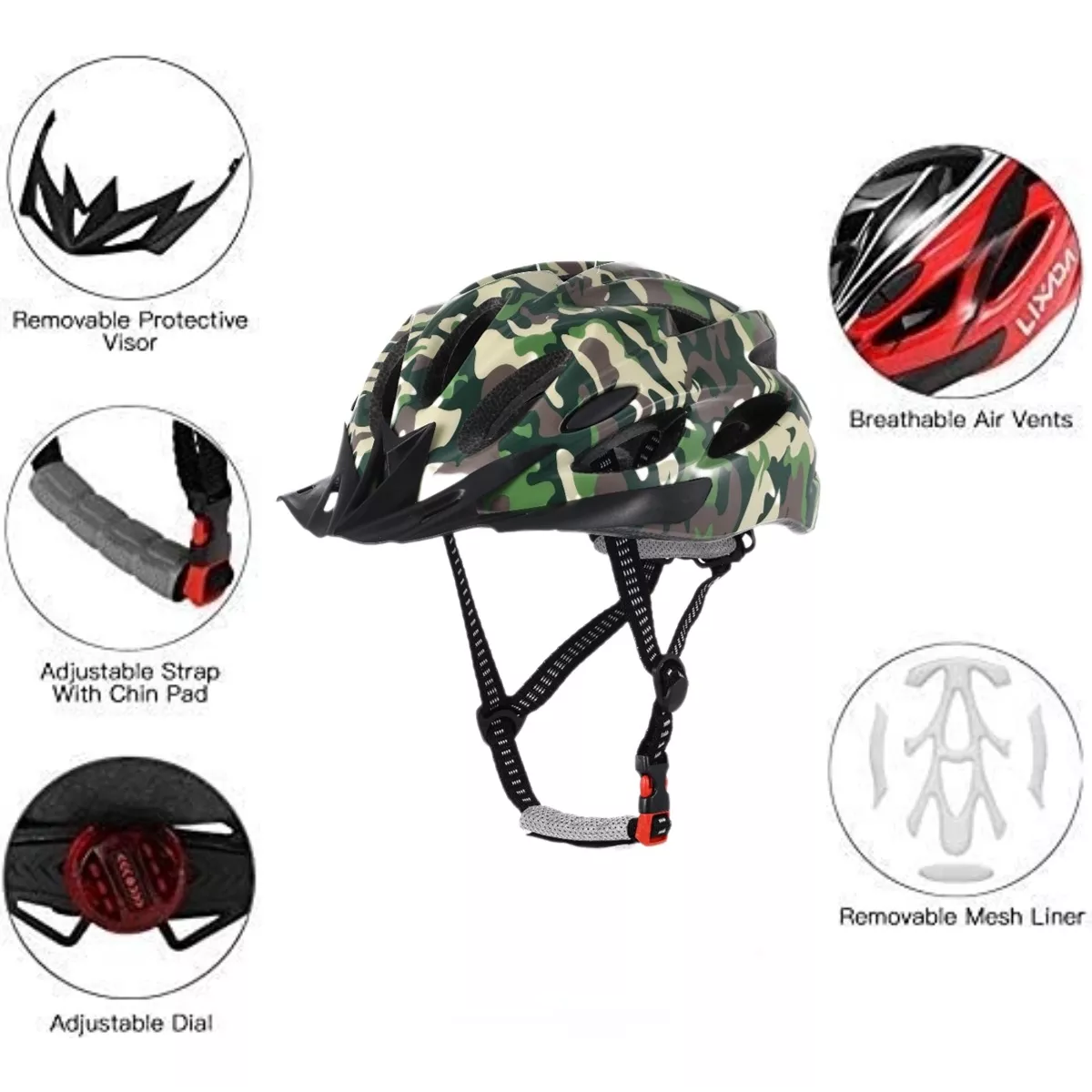 Casco De Bicicleta + Luz De Bicicleta Recargable Usb + Gafas Camuflaje 