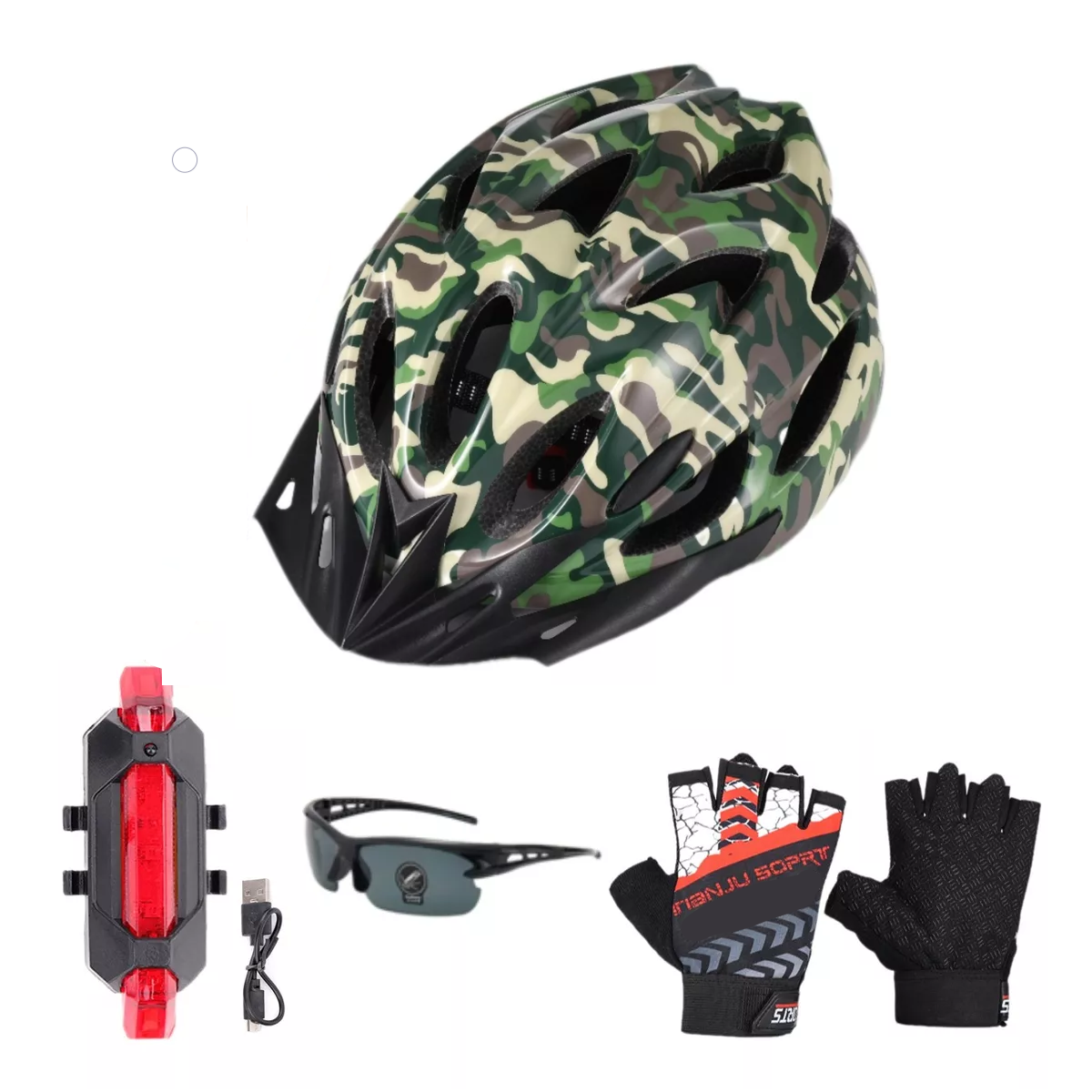 Casco De Bicicleta + Luz De Bicicleta Recargable Usb + Gafas Camuflaje 