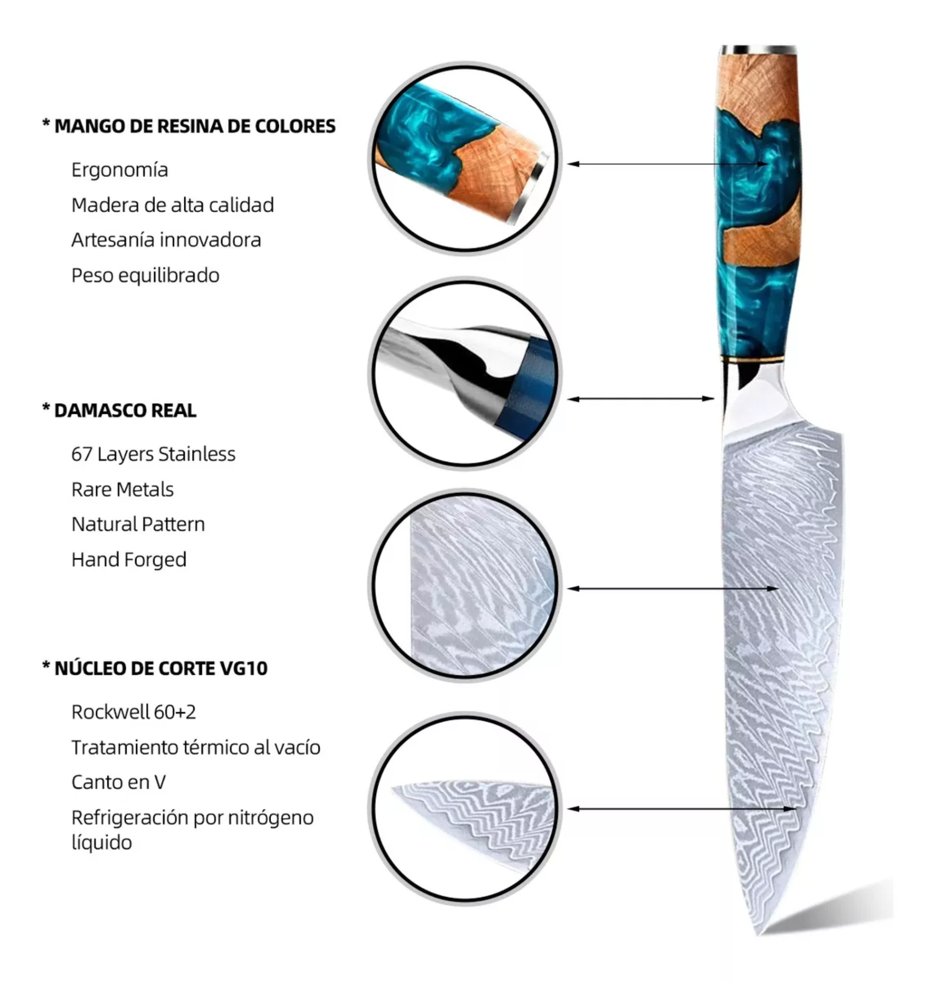 Cuchillo Damasco Premium Azul Cuchillo Chef Profesional