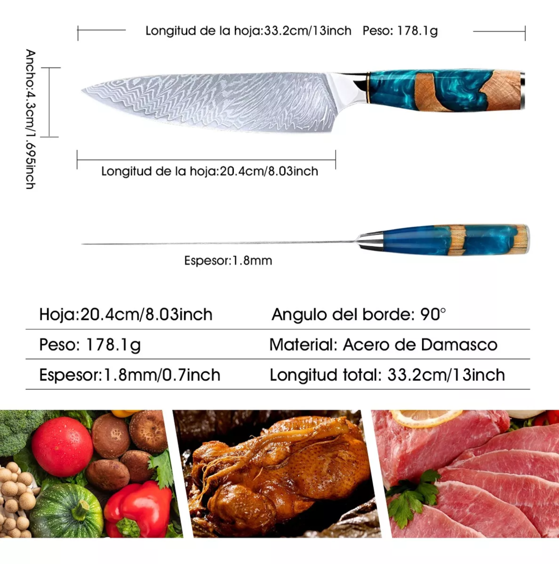 Cuchillo Damasco Premium Azul Cuchillo Chef Profesional
