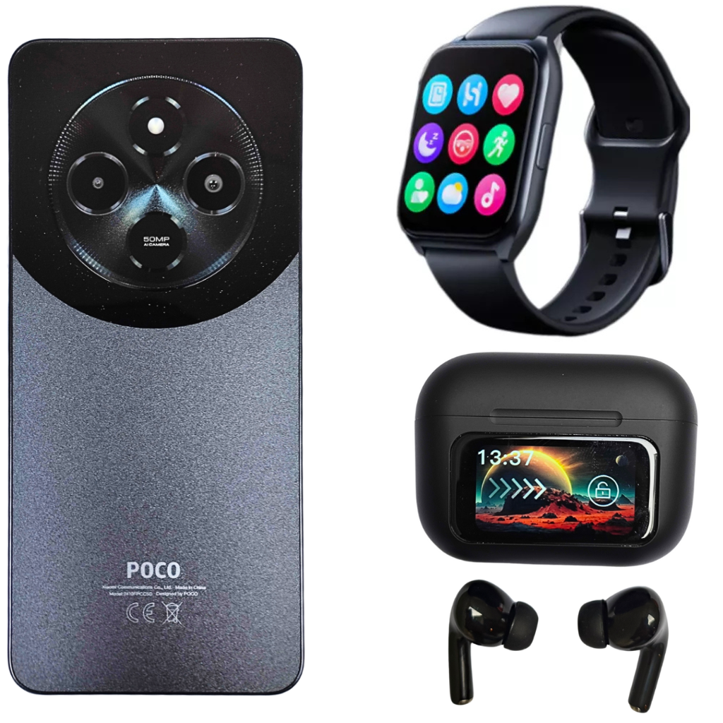 Xiaomi POCO C75 + Audífonos con Pantalla Táctil ELIBOM Beats Flyer  y Smartwatch Filwans