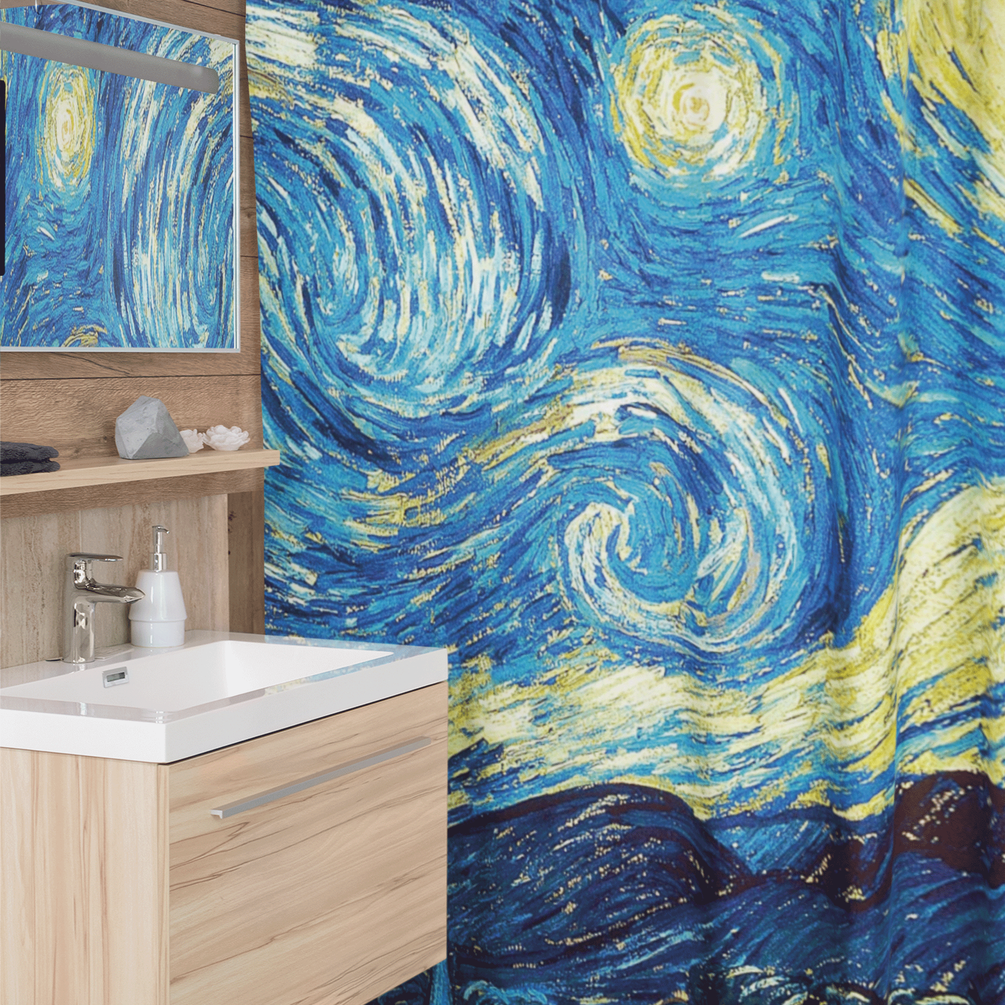 Cortina de Baño Impermeable Grande con Diseño de Noche Estrellada Pintura Azul para Regadera