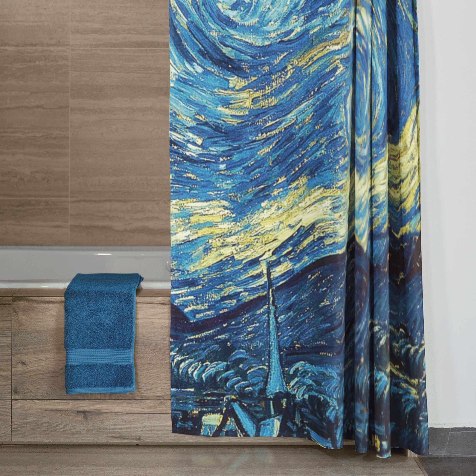 Cortina de Baño Impermeable Grande con Diseño de Noche Estrellada Pintura Azul para Regadera