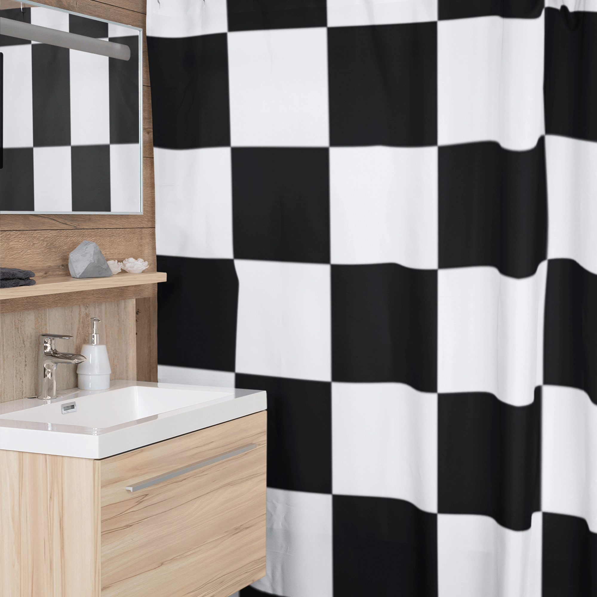 Cortina de Baño Impermeable Grande con Diseño de Ajedrez Cuadros Blanco con Negro Bicolor para Regadera