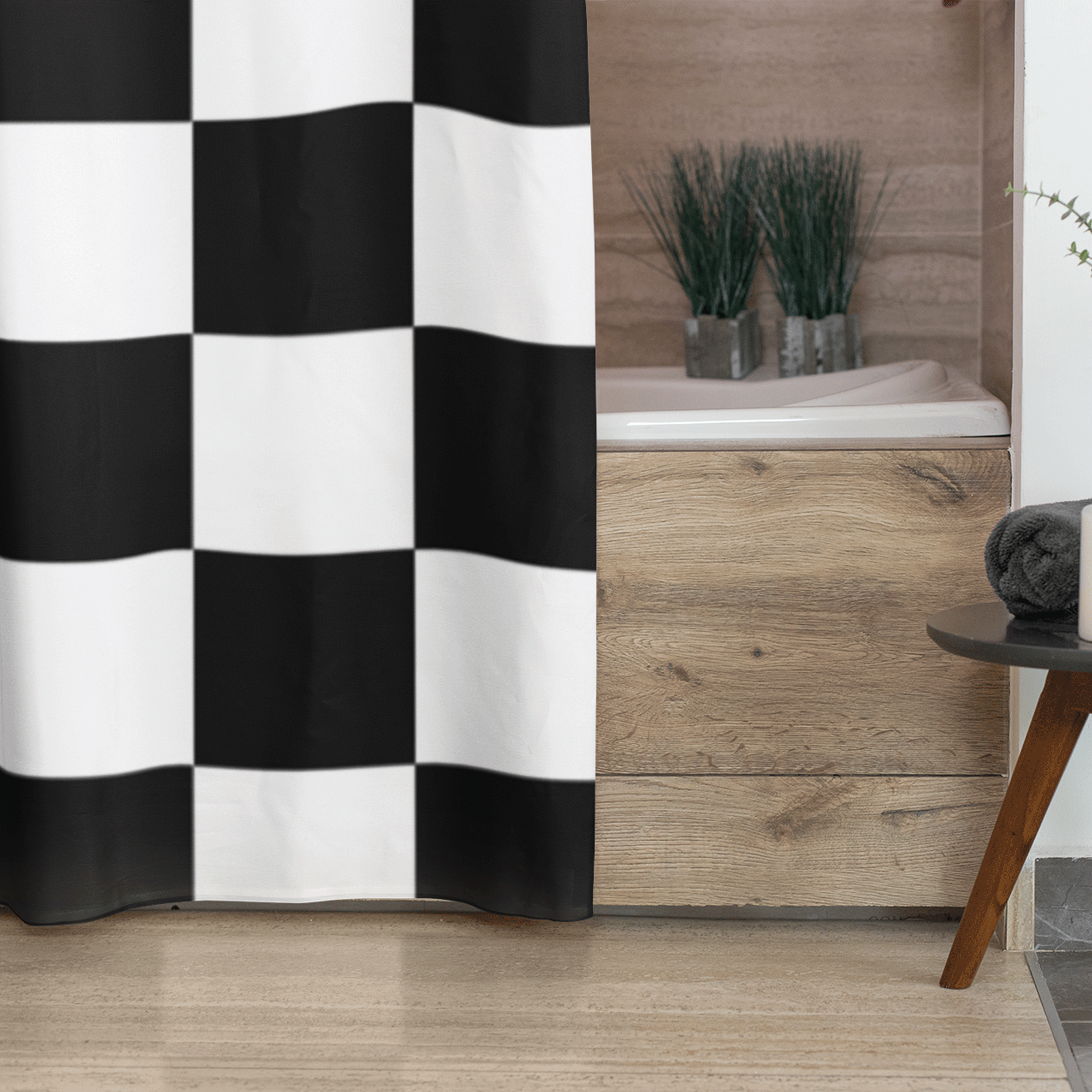 Cortina de Baño Impermeable Grande con Diseño de Ajedrez Cuadros Blanco con Negro Bicolor para Regadera