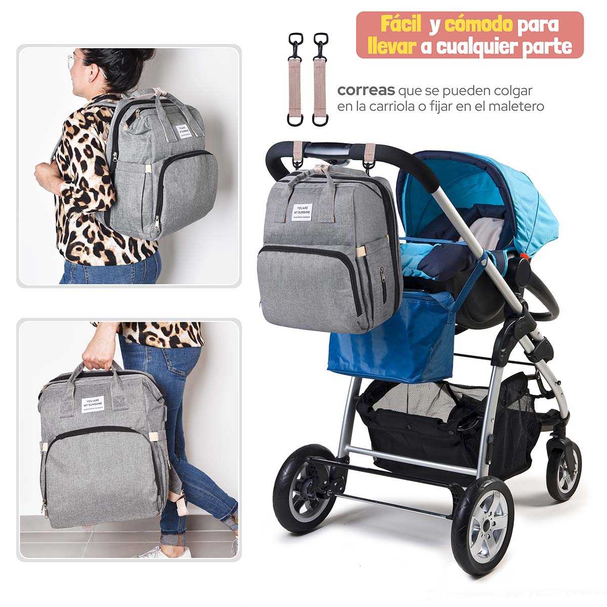 AGBOX Mochila Pañalera Cambiador Portátil De Viaje Para Bebé Gris.