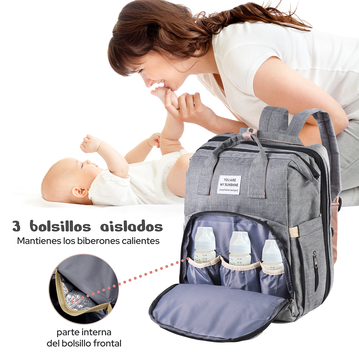 AGBOX Mochila Pañalera Cambiador Portátil De Viaje Para Bebé Gris.