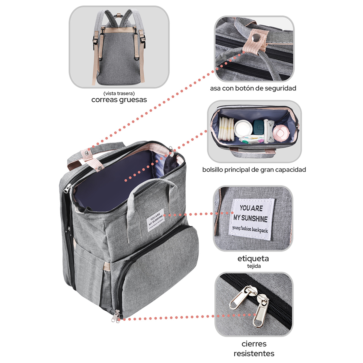 AGBOX Mochila Pañalera Cambiador Portátil De Viaje Para Bebé Gris.