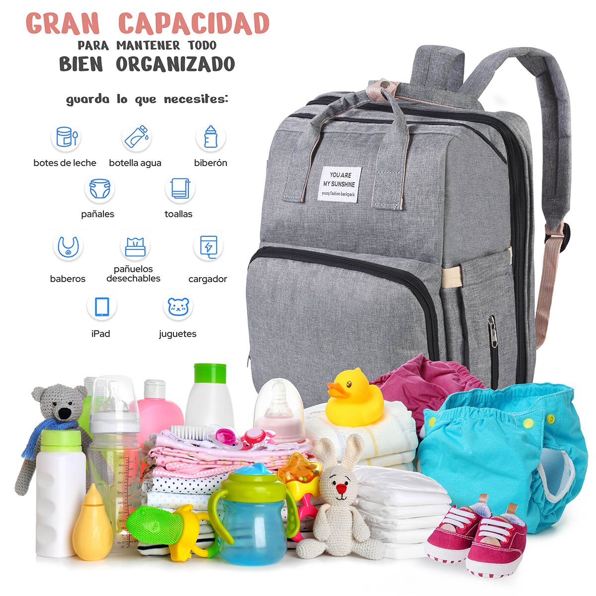 AGBOX Mochila Pañalera Cambiador Portátil De Viaje Para Bebé Gris.