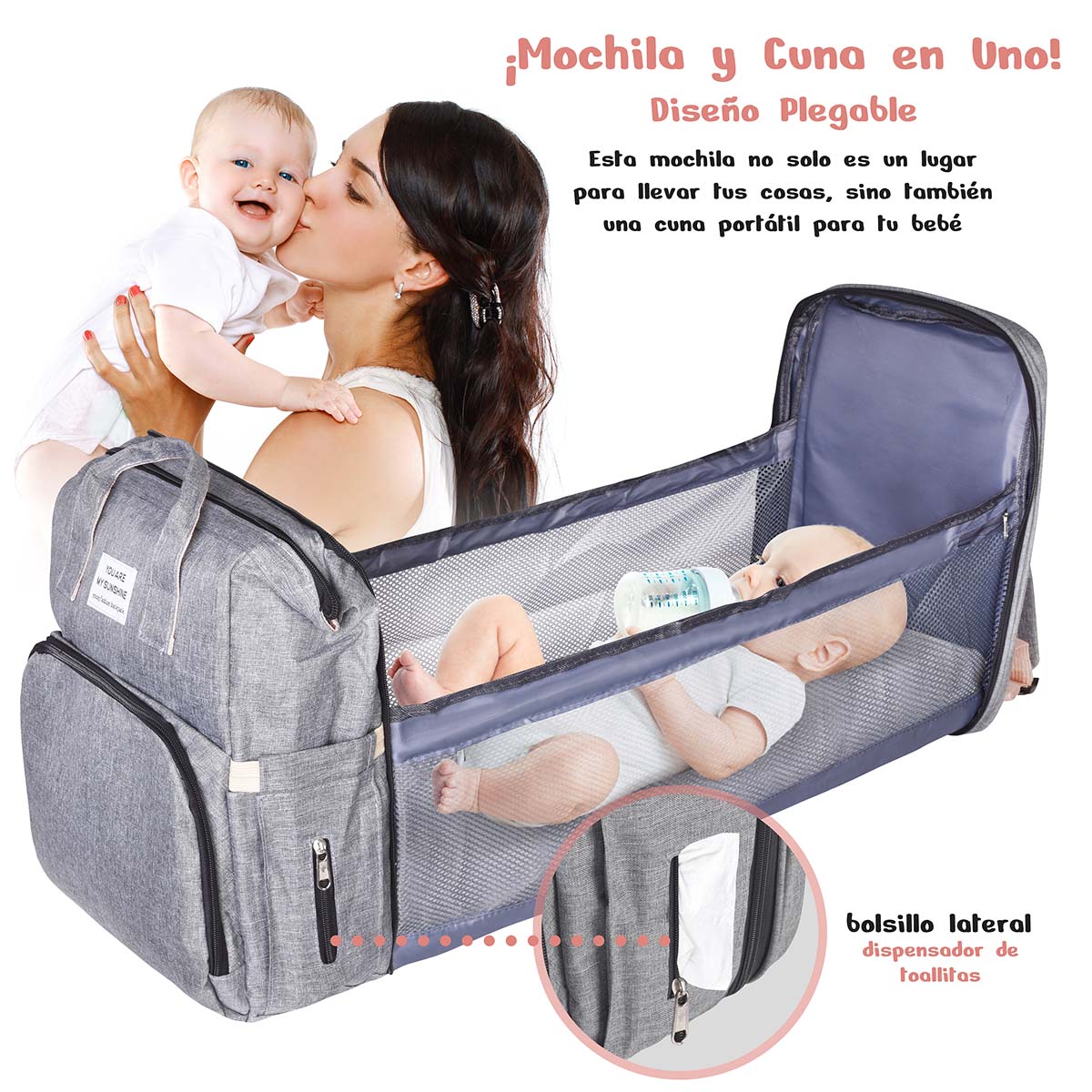 AGBOX Mochila Pañalera Cambiador Portátil De Viaje Para Bebé Gris.