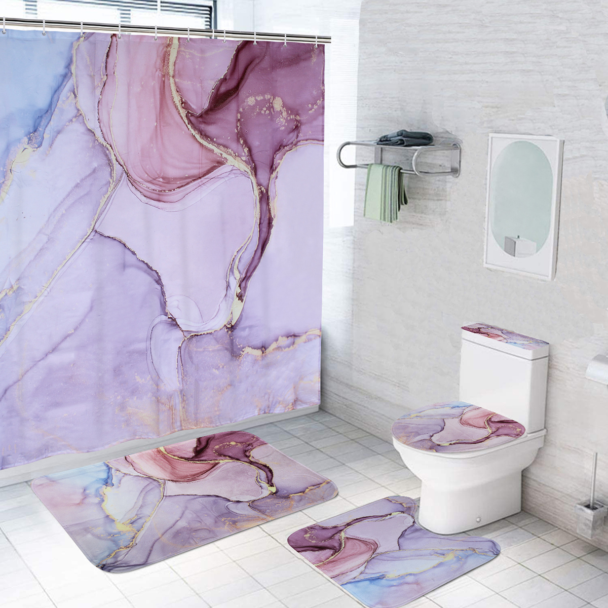 AGBOX Juego Para Baño Premium Estandar 5 Piezas, Marmoleado Rosa.